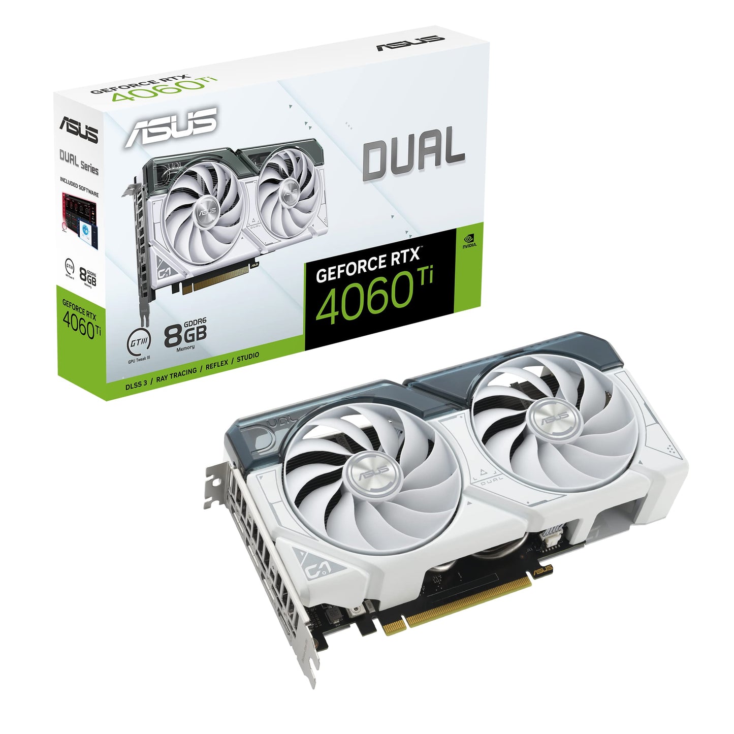 ASUS Dual GeForce RTX 4060 Ti White Edition 8GB GDDR6 (PCIe 4.0, 8GB GDDR6, DLSS 3, HDMI 2.1, DisplayPort 1.4a, Axial-tech Fan D