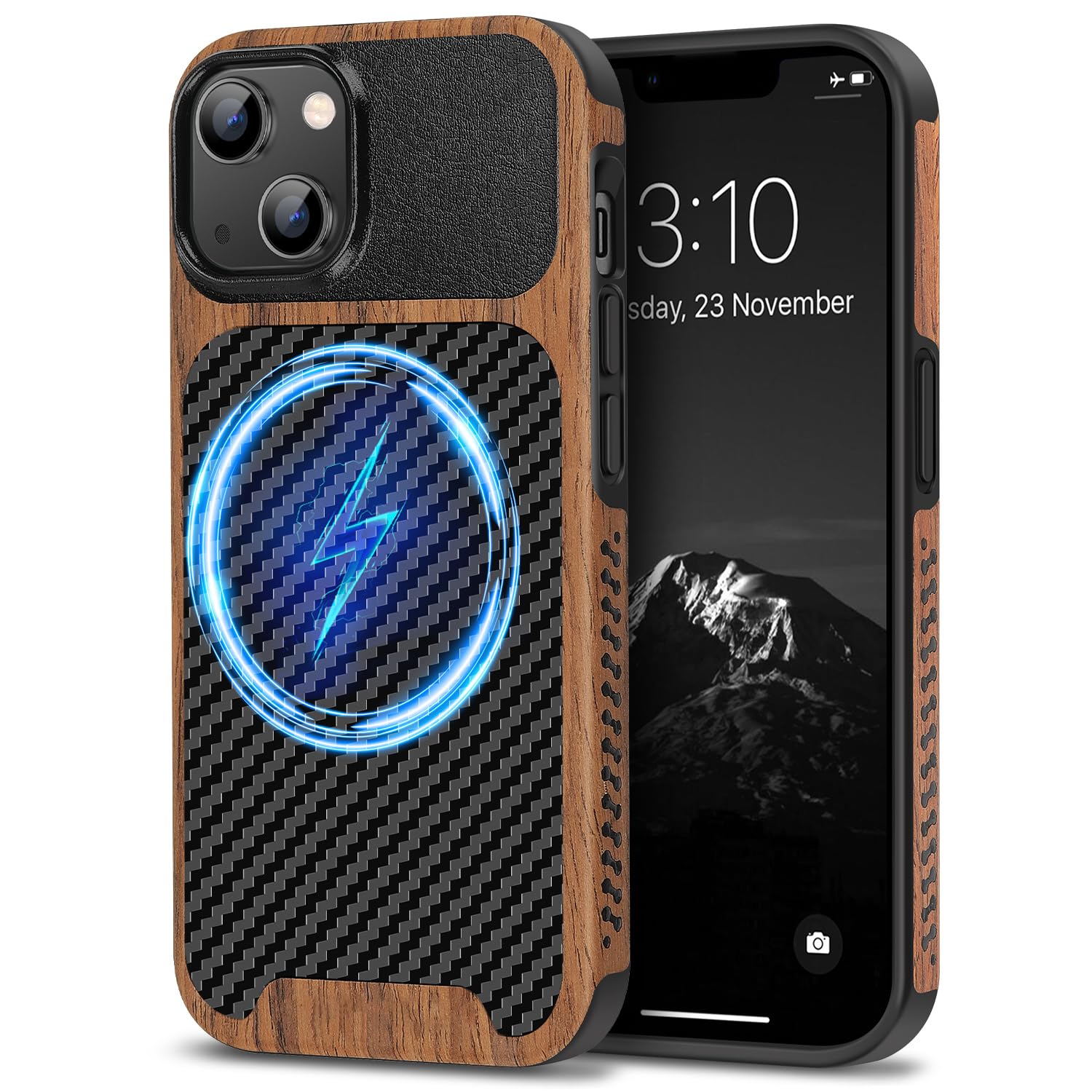 TENDLIN Magnetic Case Compatible with iPhone 14 Plus Case Wood Grain with Carbon Fiber Texture Design Leather Hybrid Slim Cover