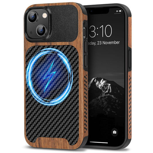 TENDLIN Magnetic Case Compatible with iPhone 14 Plus Case Wood Grain with Carbon Fiber Texture Design Leather Hybrid Slim Cover
