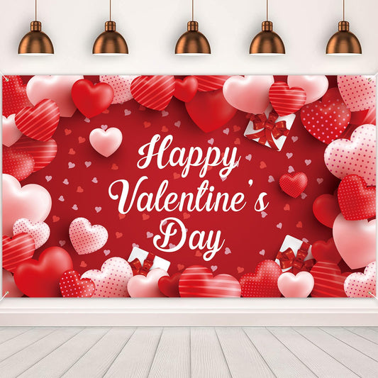Happy Valentines Day Backdrop Banner, XtraLarge Valentines Backdrops for Photography, Red Heart Happy Valentines Day Banner fo