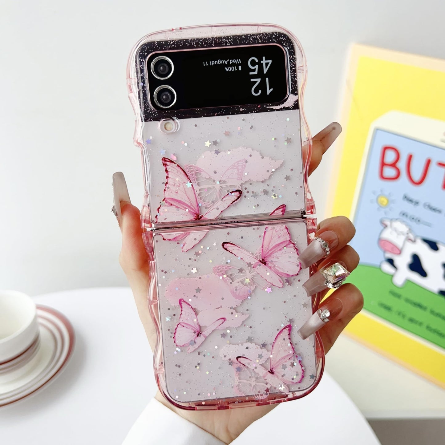 UEEBAI Wave Butterfly Case for Samsung Galaxy Z Flip 3/Z Flip 4 5G Case, Pretty Bling Star Butterfly Cute Shiny Glitter Phone Co