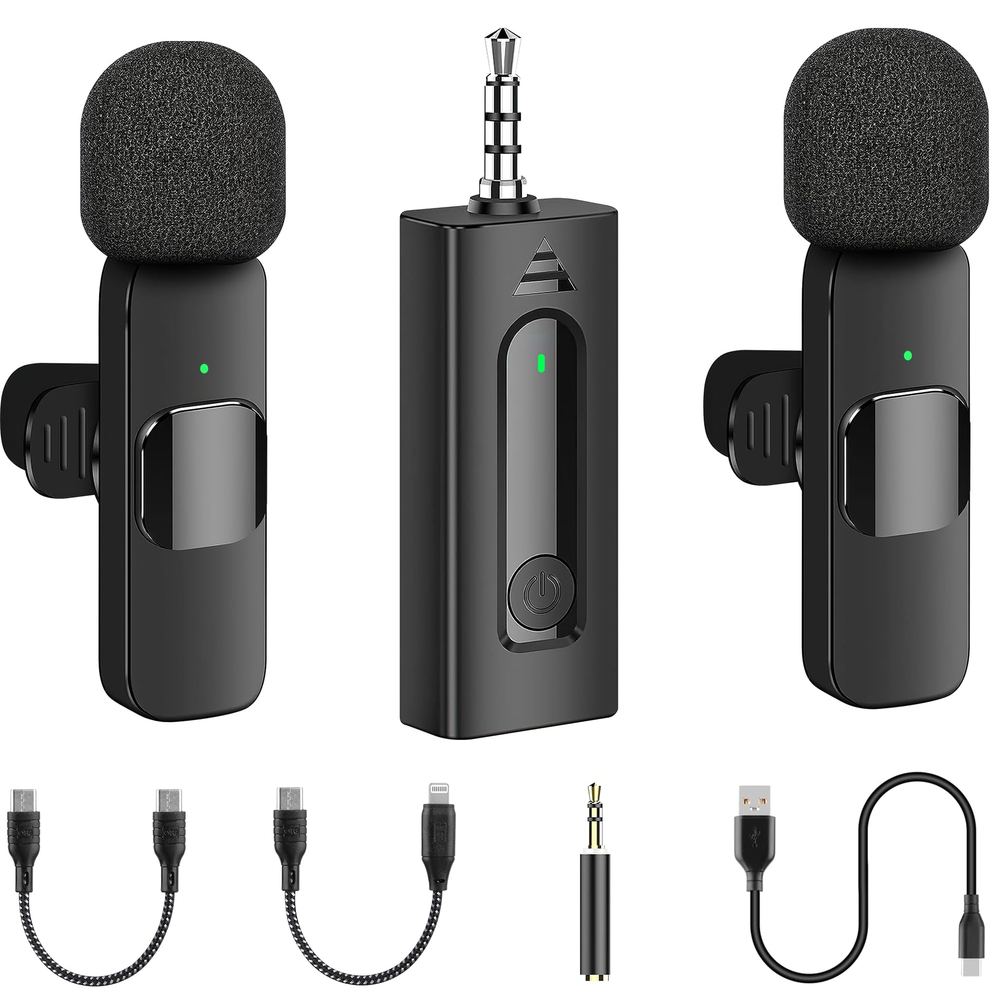 2 Pack Wireless Mini Lavalier Lapel Microphone for iPhone,Android Device(4 in 1) - 65ft Cordless Clip on Dual Mics with Noise Re