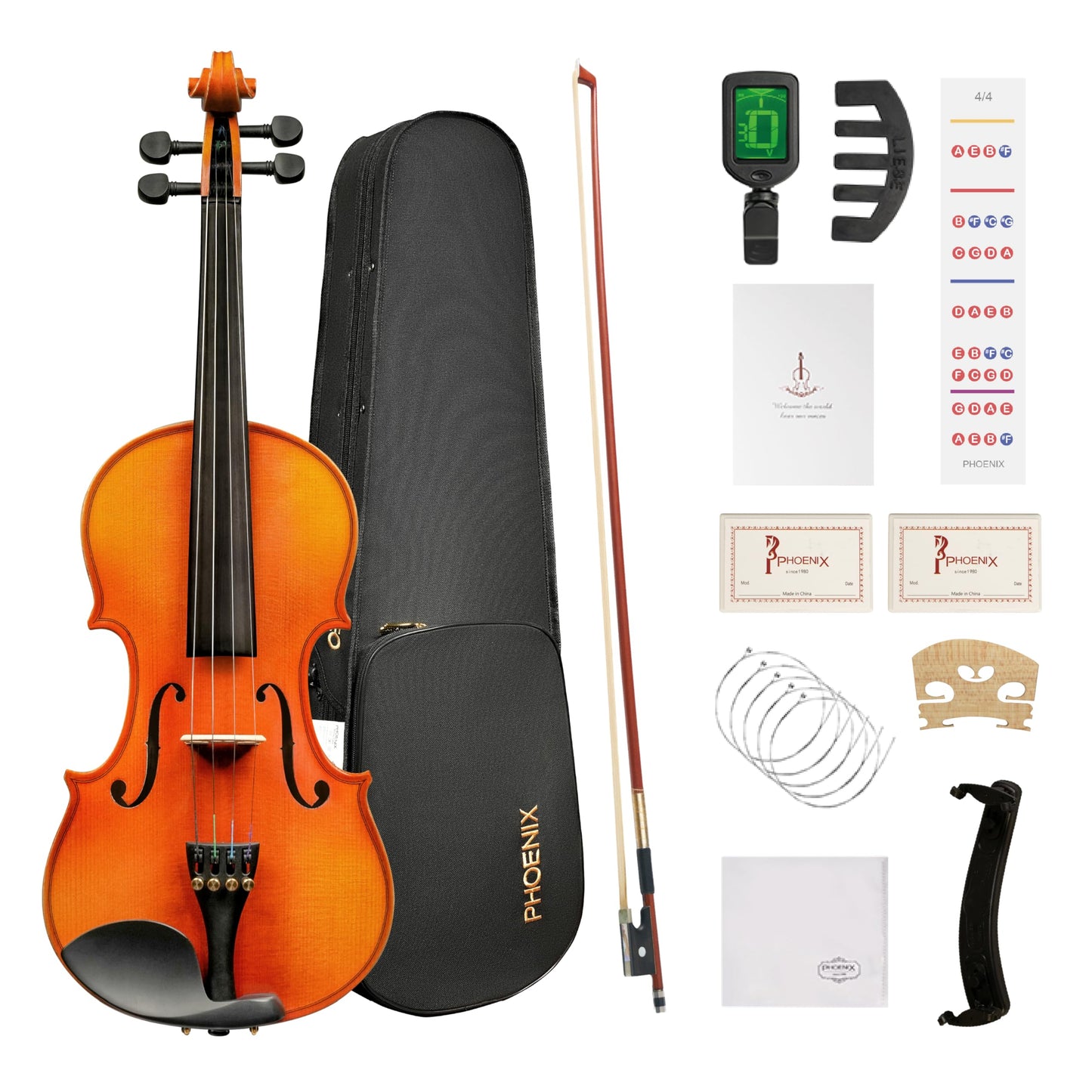 PHOENIX Violin 4/4 Full Size Set, Fiddle Solid Wood for professional Beginners Adults with Bow Extra strings & Bridge, 2 Rosins,