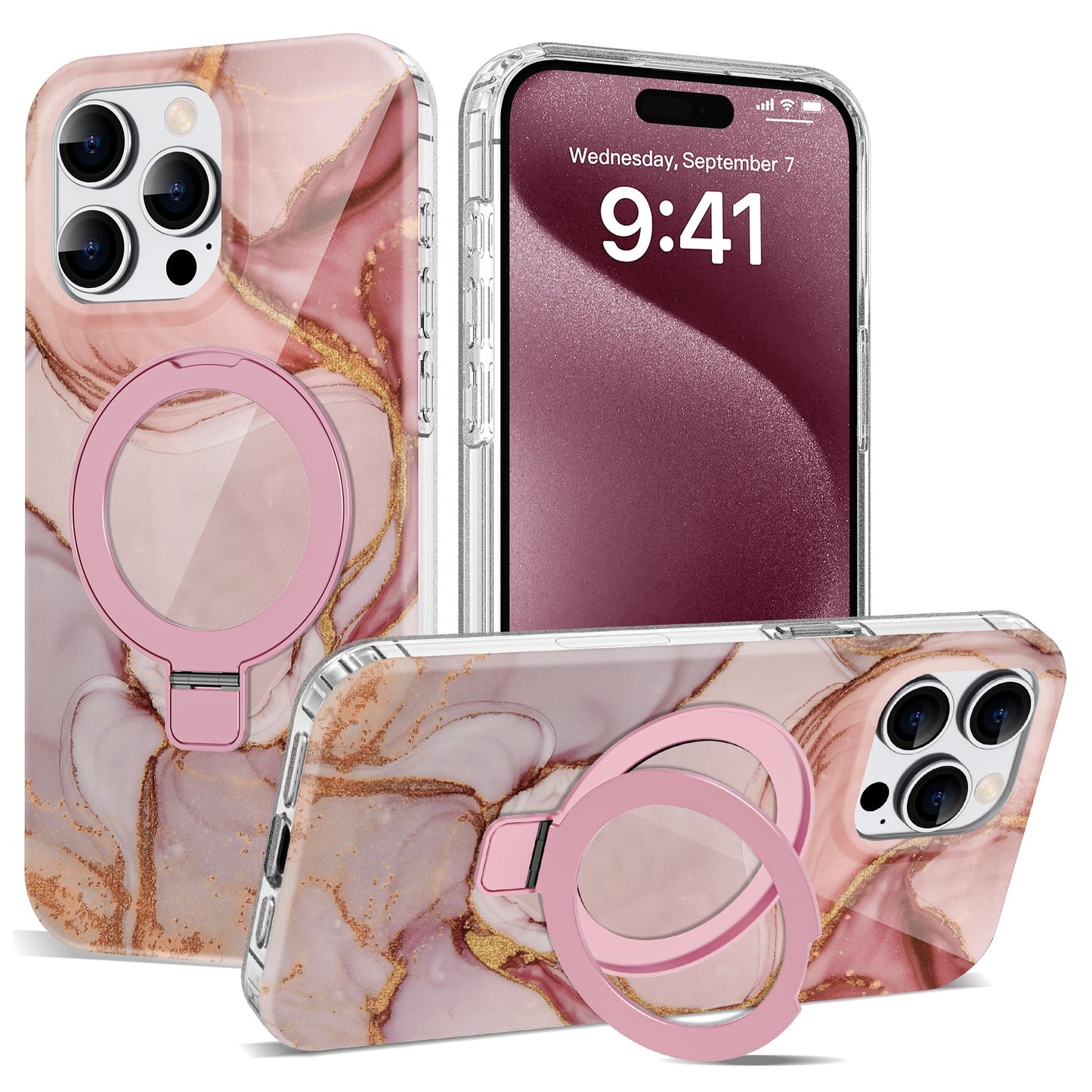 ETPESOK Compatible with iPhone 15 Pro Case Marble Pattern with Magnetic Ring Stand [Compatible with Mag-Safe] TPU Protective Pho