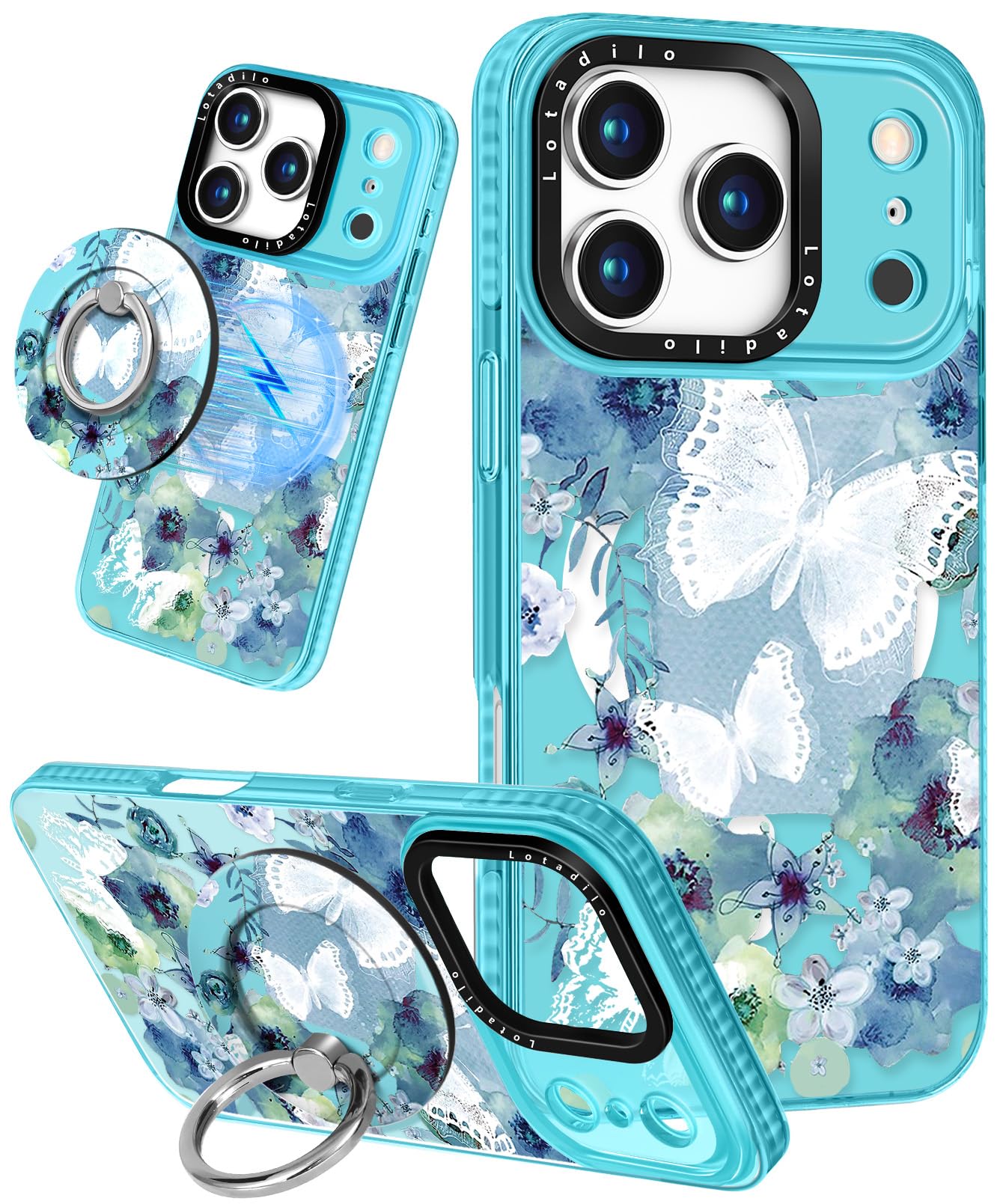 Lotadilo Case for iPhone 17 Pro Max Case Compatible with Magsafe Ring Holder Stand - for Women Ink Butterfly Design TPU Phone Co