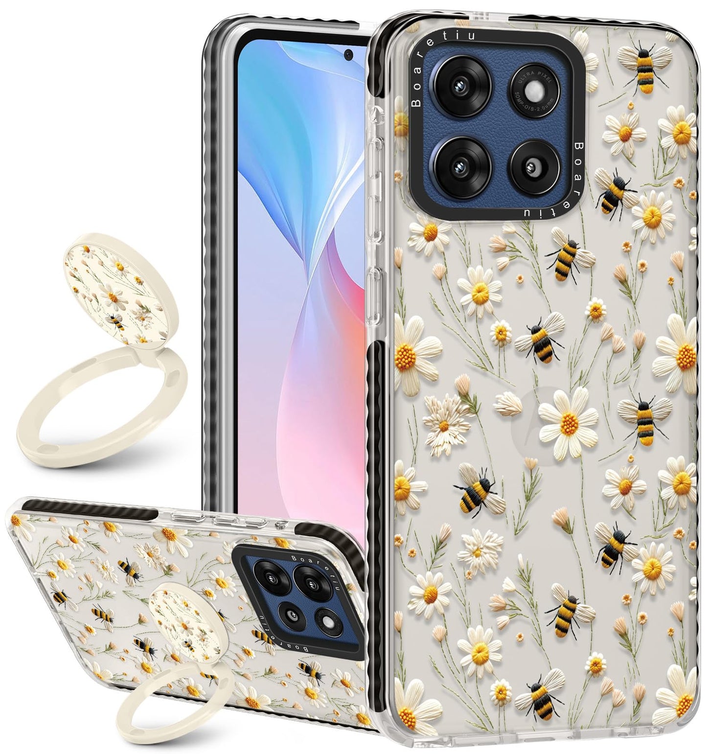 Boaretiu for Motorola Moto G Stylus 2025 Case - with Stand Cute Kawaii Fashion 360 Rotate Ring Holder Kickstand Flower Bee for W