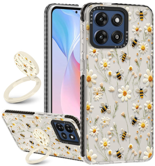 Boaretiu for Motorola Moto G Stylus 2025 Case - with Stand Cute Kawaii Fashion 360 Rotate Ring Holder Kickstand Flower Bee for W