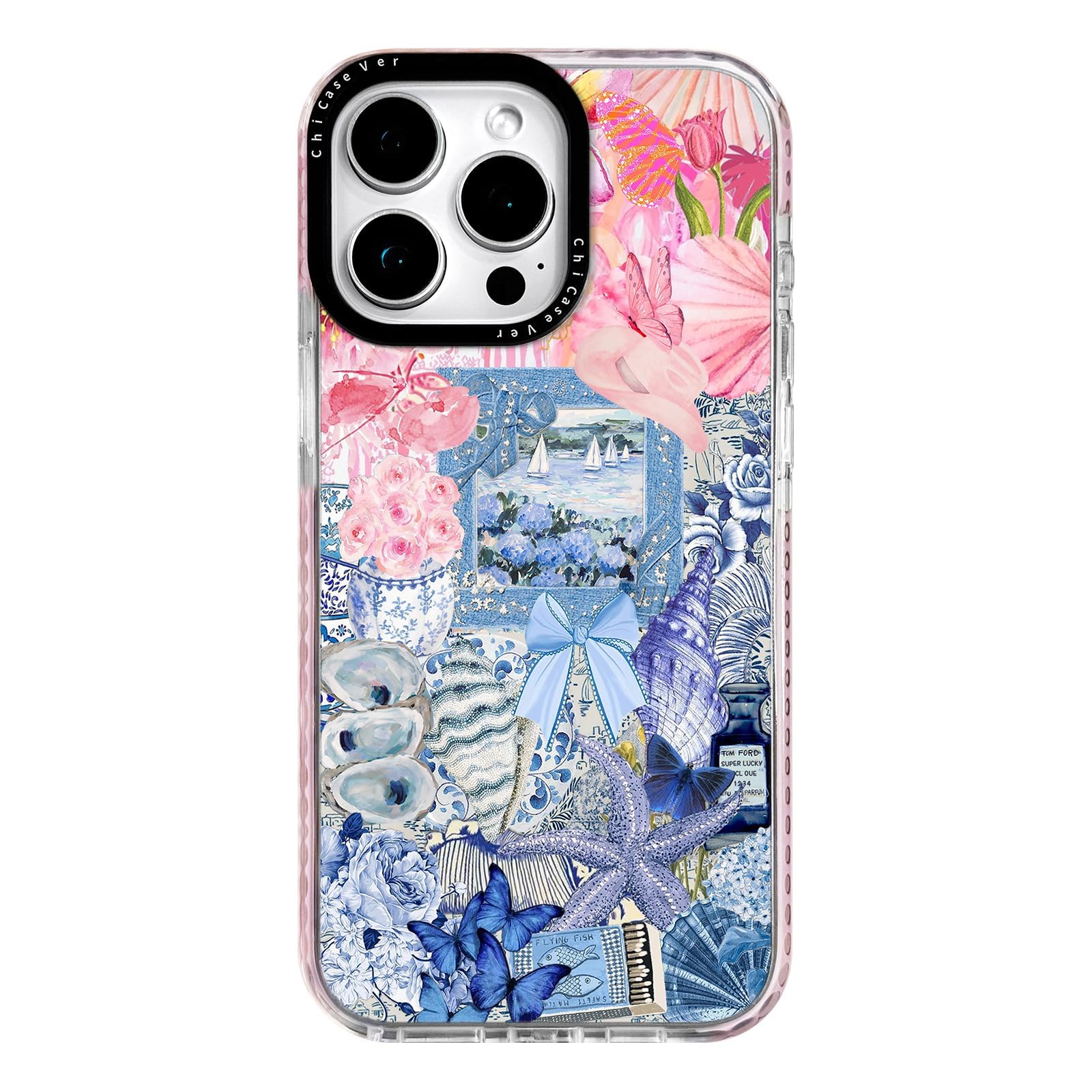 ChiCaseVer for iPhone 14 Pro Max Case,Coastal Vintage Collage with Shells & Floral Aesthtic Design Pattern,Military-Grade Drop P