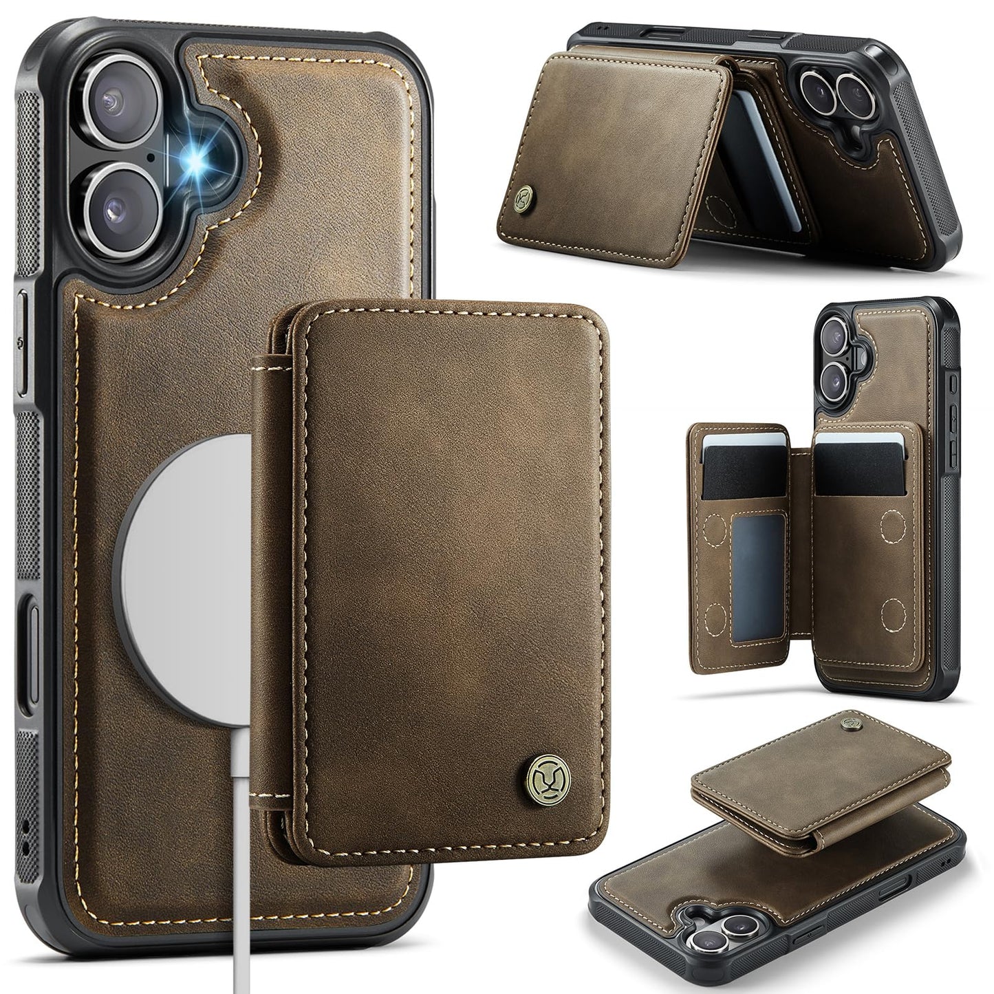 Usroom Compatible with Magsafe for iPhone 16 Wallet Case Magnetic Card Holder, RFID Blocking 2 in 1 Detachable Kickstand Shockpr