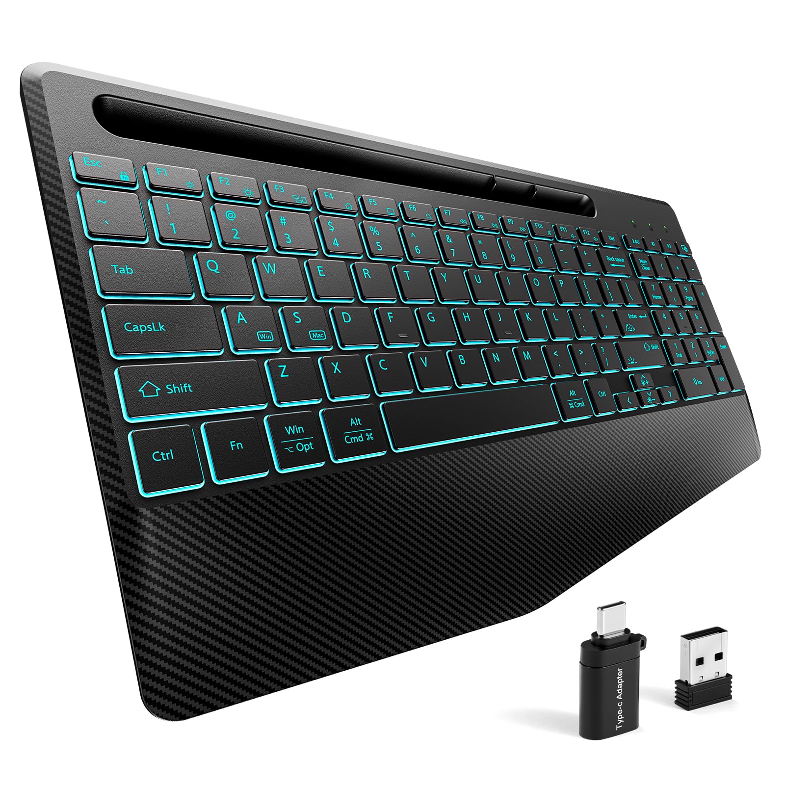Hamile 2.4G&Bluetooth Wireless Keyboard - Light Up Keyboards with Wrist Rest - 8 Backlit Effects - Slim Rechargeable Silent with
