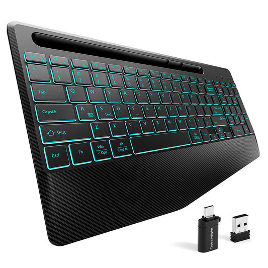 Hamile 2.4G&Bluetooth Wireless Keyboard - Light Up Keyboards with Wrist Rest - 8 Backlit Effects - Slim Rechargeable Silent with