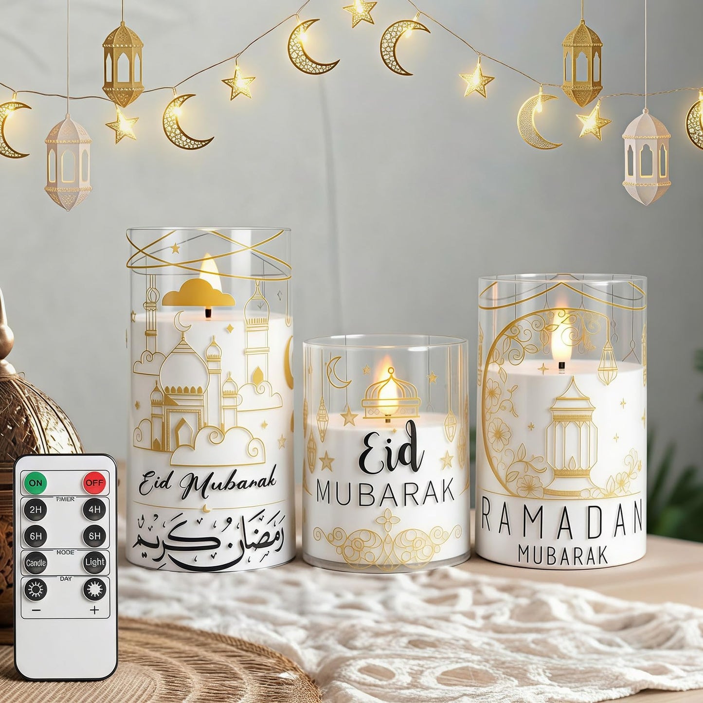 Huquary 3 Pcs Eid Mubarak Pillar Flameless Candles with Remote Ramadan Decorations Ramadan LED Flickering Candles Battery Operat
