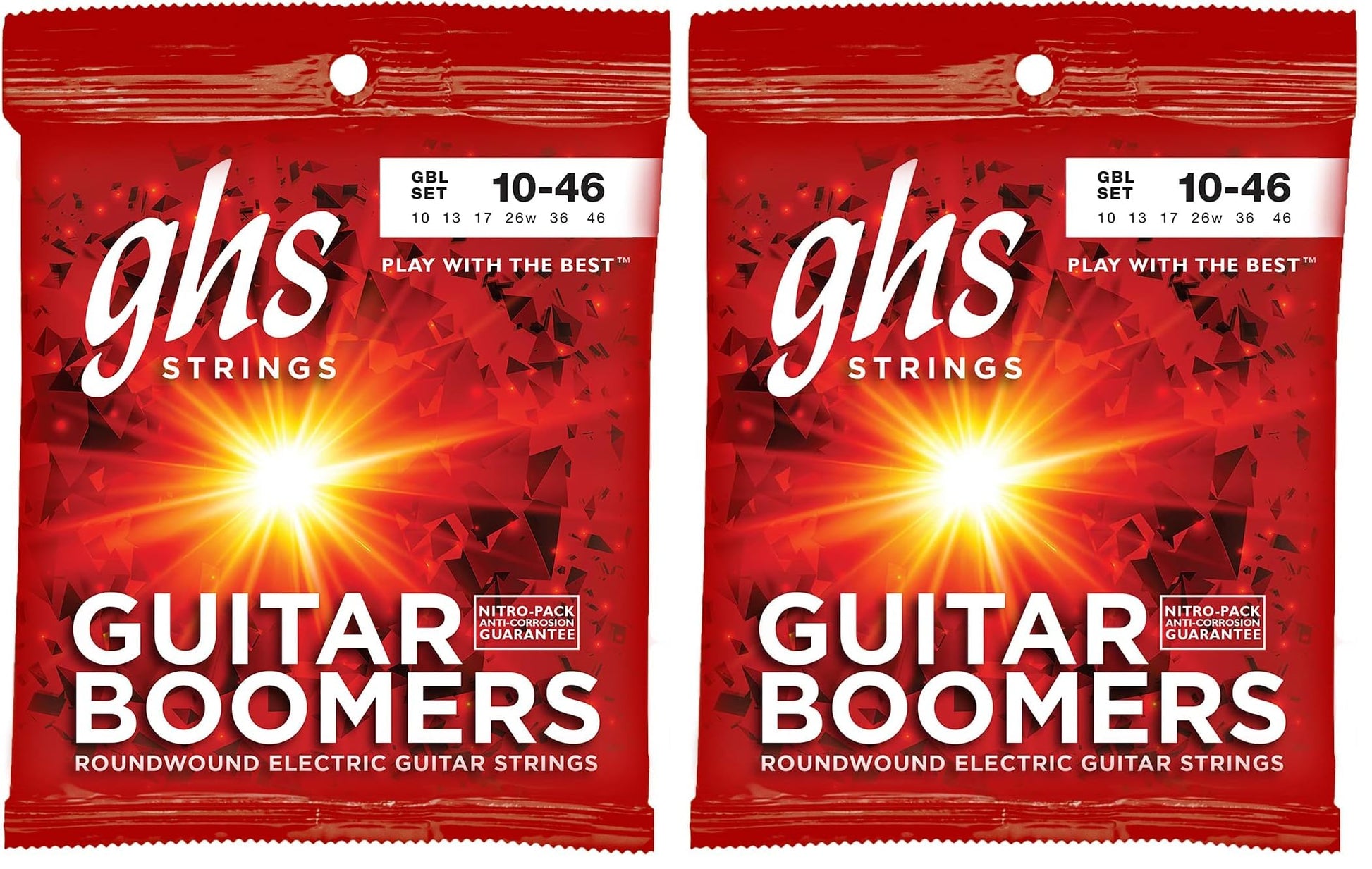 GHS Strings GBL Guitar Boomers, Nickel-Plated Electric Guitar Strings, Light (.010-.046) (Pack of 2)