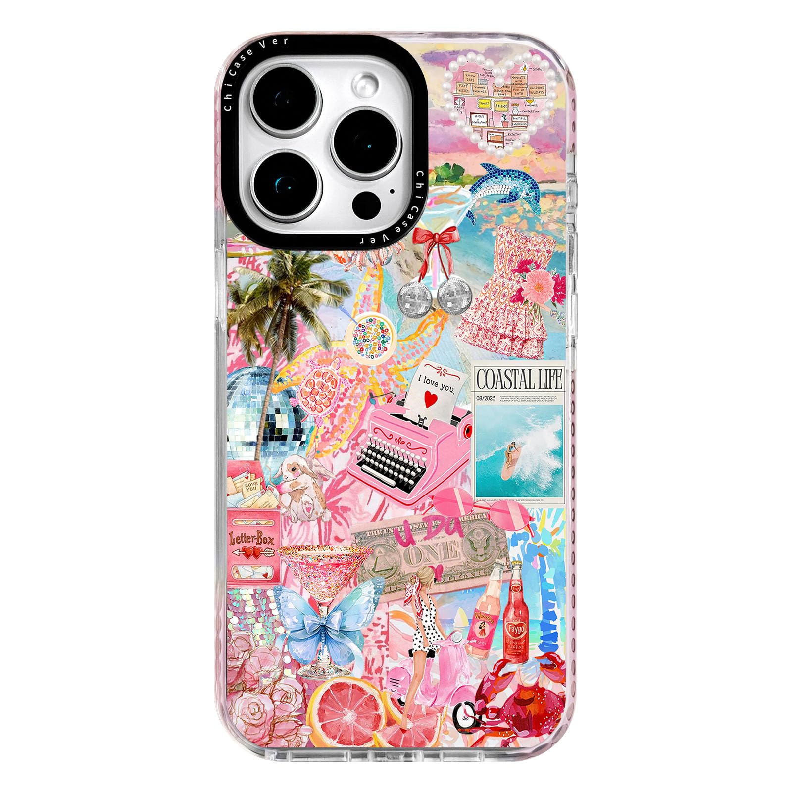 ChiCaseVer for iPhone 14 Pro Max Case, Coastal Life Pattern with Tropical Collage, Military-Grade Drop Protection, Trendy Soft S