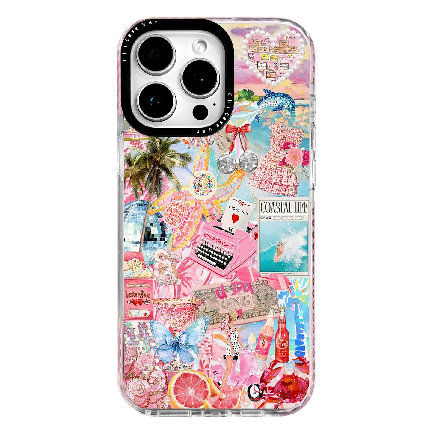 ChiCaseVer for iPhone 13 Pro Max Case, Coastal Life Pattern with Tropical Collage, Military-Grade Drop Protection, Pink Paradise