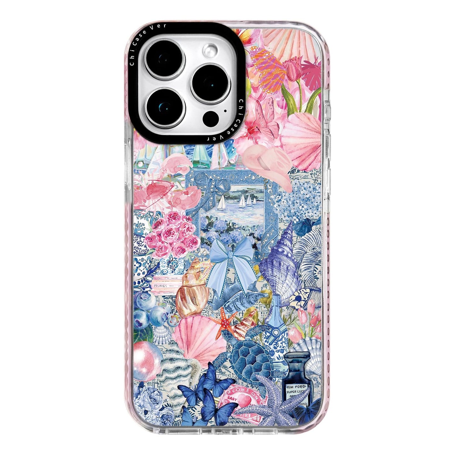 ChiCaseVer for iPhone 14 Pro Max Case,Vintage Coastal Collage with Floral,Turtle&Shells Pattern,Military-Grade Drop Protection,S