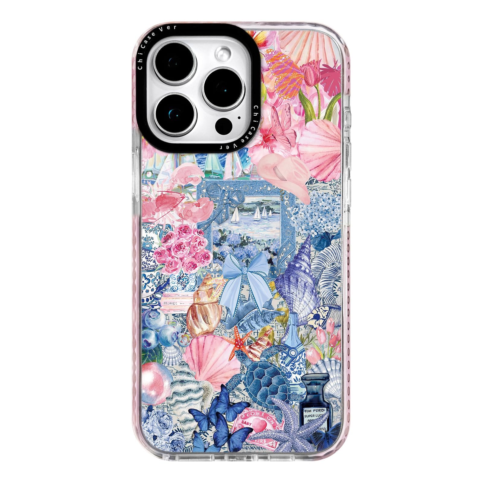 ChiCaseVer for iPhone 14 Pro Max Case,Vintage Coastal Collage with Floral,Turtle&Shells Pattern,Military-Grade Drop Protection,S