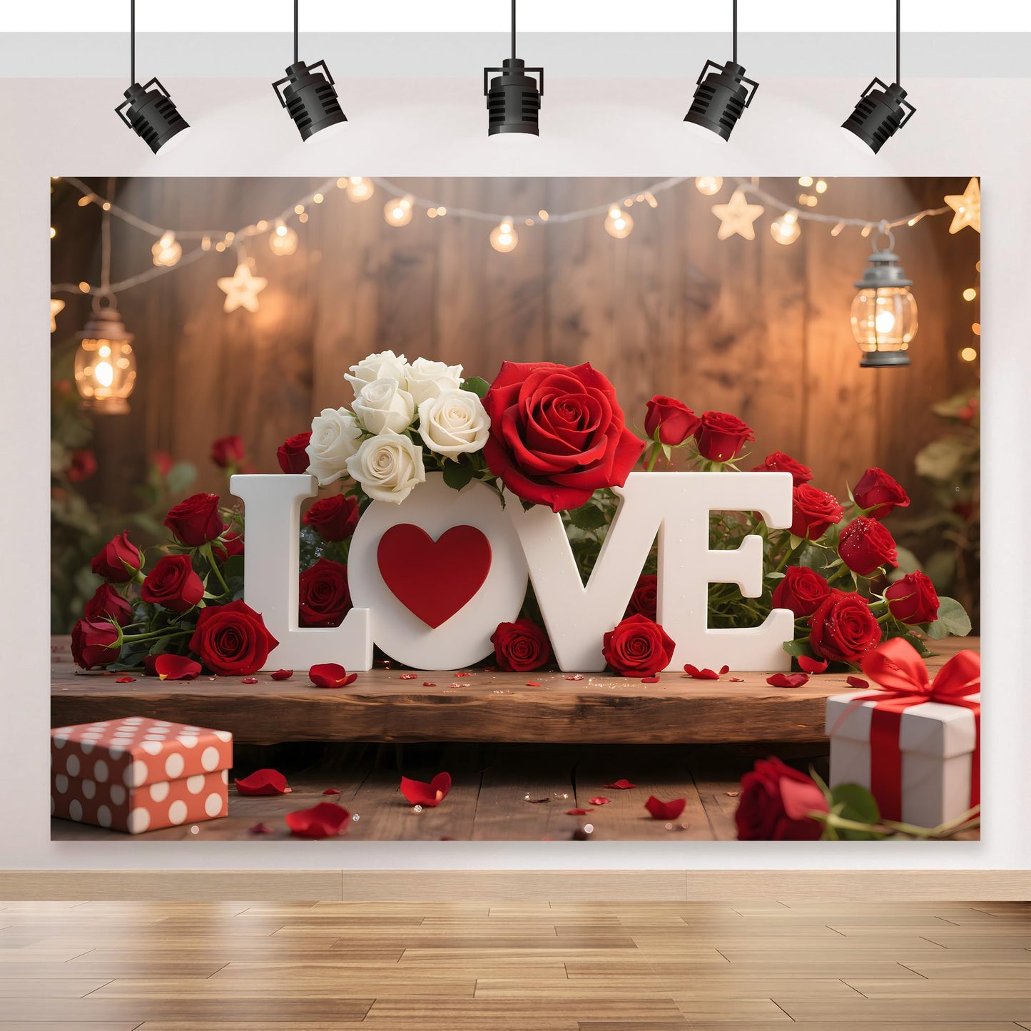 Valentines Day Backdrop 7x5ft, Polyester Brown Wood Love Heart Roses Photography Backdrops, Wedding Bride Shower Proposal Confe