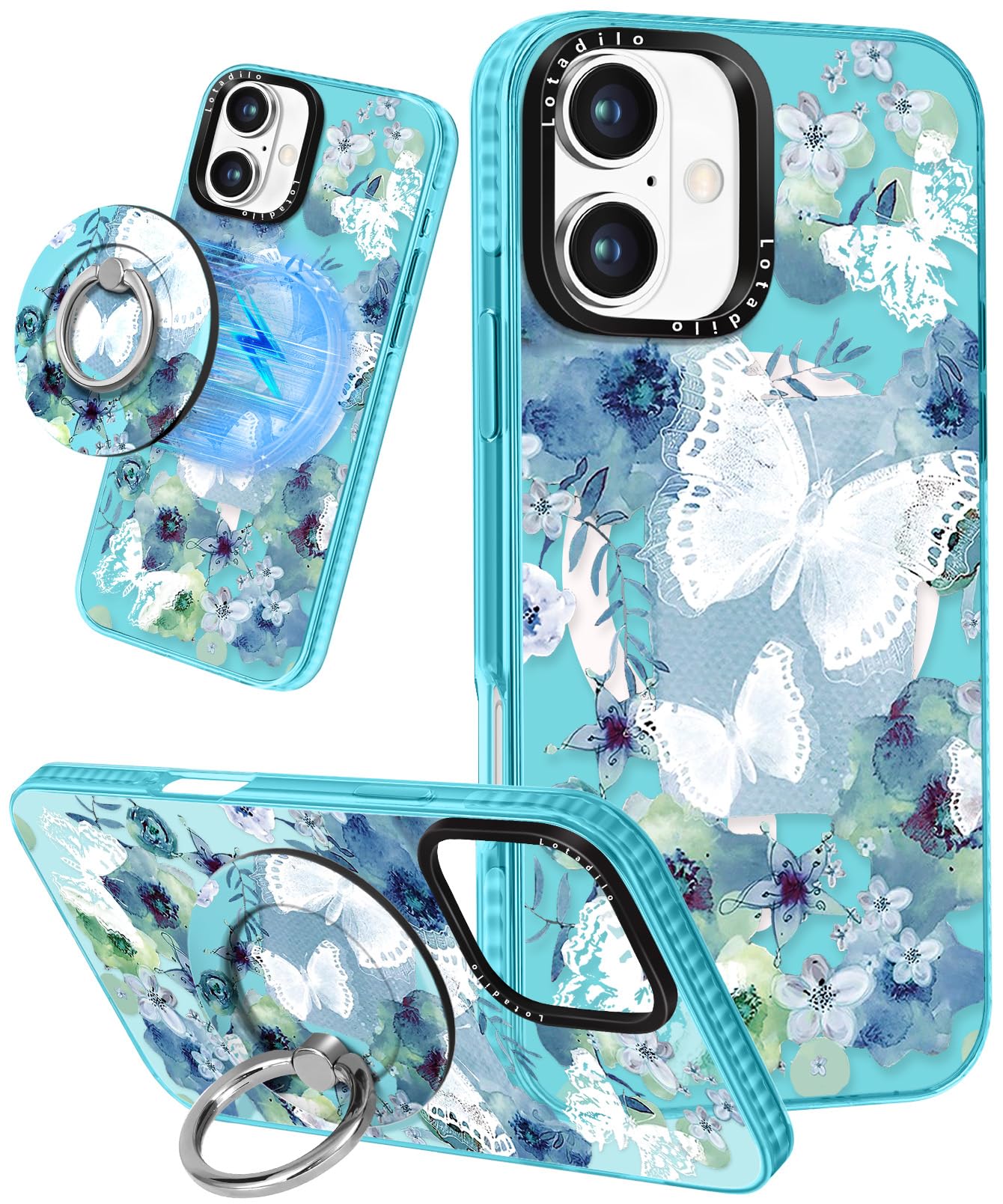Lotadilo Case for iPhone 17 Case Compatible with Magsafe Ring Holder Stand - for Women Ink Butterfly Design TPU Phone Cover for