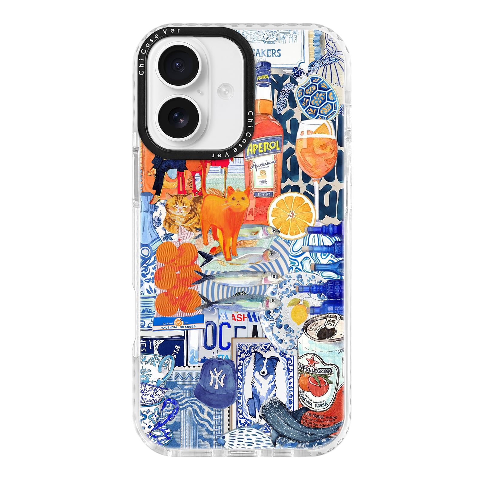 ChiCaseVer for iPhone 16 Plus Case, Mediterranean Aperol Collage Pattern, Military-Grade Drop Protection, Playful Coastal Soft S