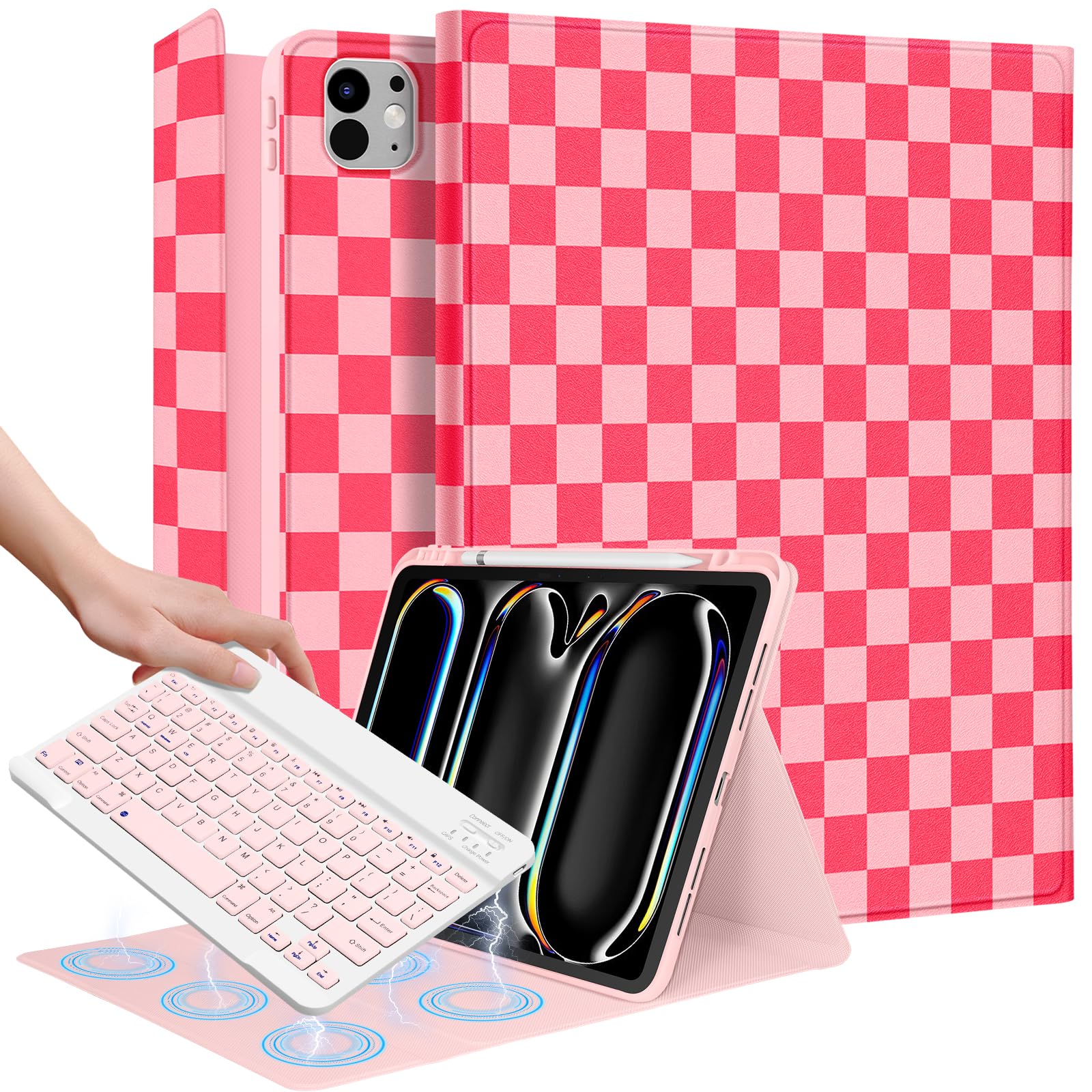 Wazzasoft for iPad Pro 13 inch Case with Keyboard M4 - Pencil Holder Folio Women Girls Cute Kawaii Strawberry Unique Design for