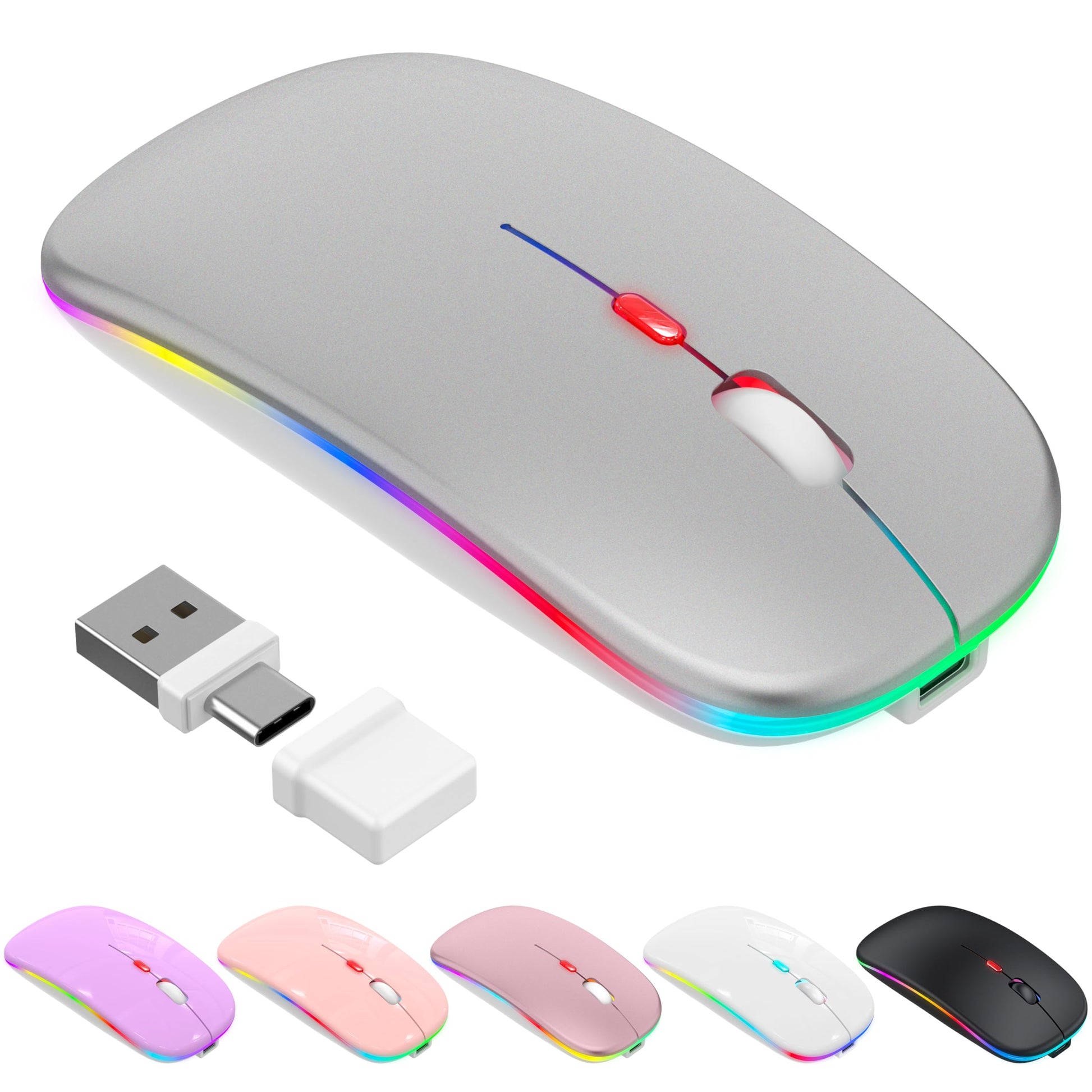 Azmall Bluetooth Wireless Mouse, Slim LED Rechargeable Silent Mouse with 2.4GHz USB-A/USB-C Receiver & Type-C Adapter, Compatibl