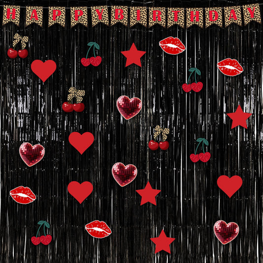 Epakh 39 Pcs Cheetah Cherry Birthday Party Decorations Includes 24 Pieces Paper Cards Decor 13 Pcs Happy Birthday Banner 2 Foil