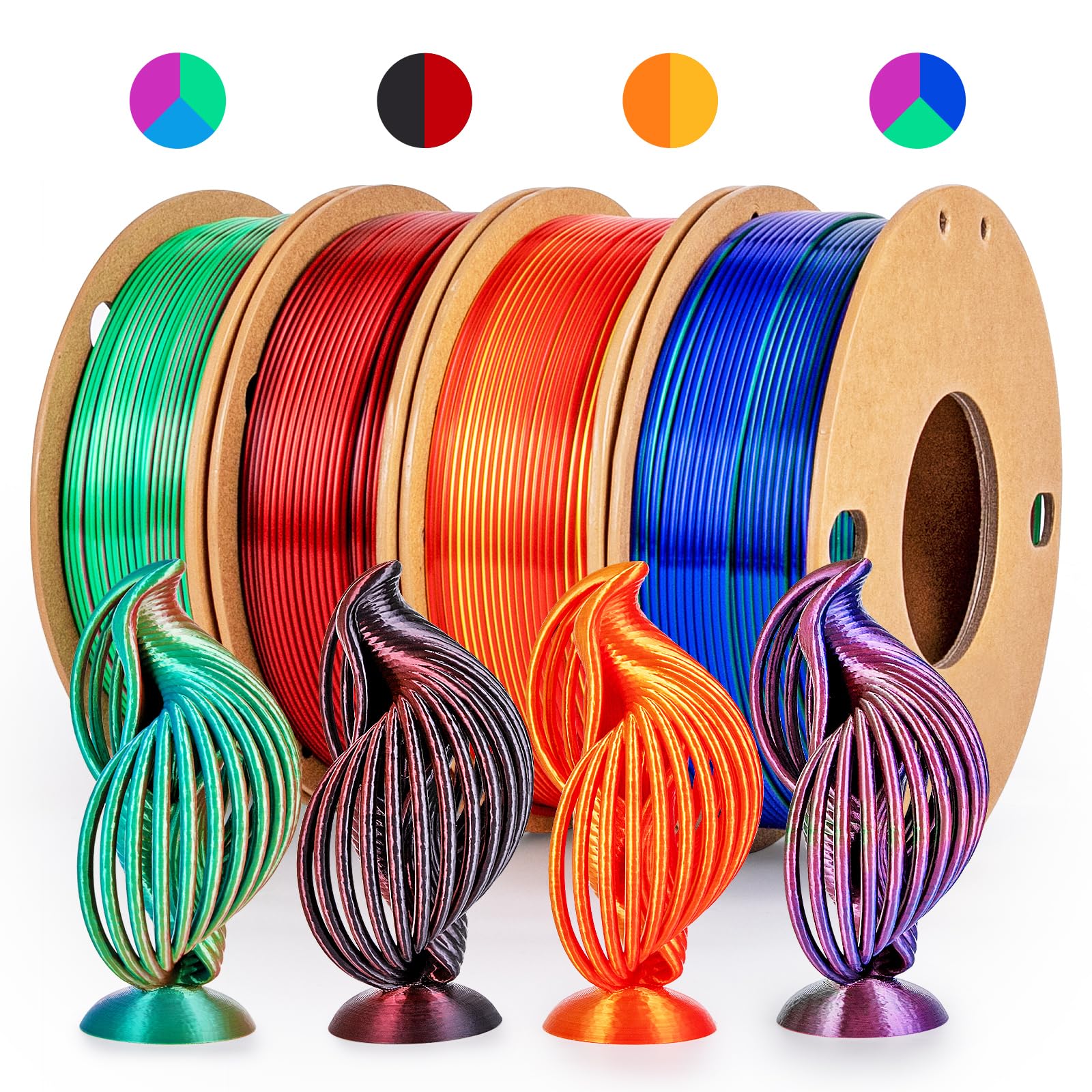 dikale Silk Tricolor PLA+ 3D Printer Filament 1.75mm No Tangle, Neatly Wound Filament Net Weight 250g Spool, PLA Pro Plus Blue &
