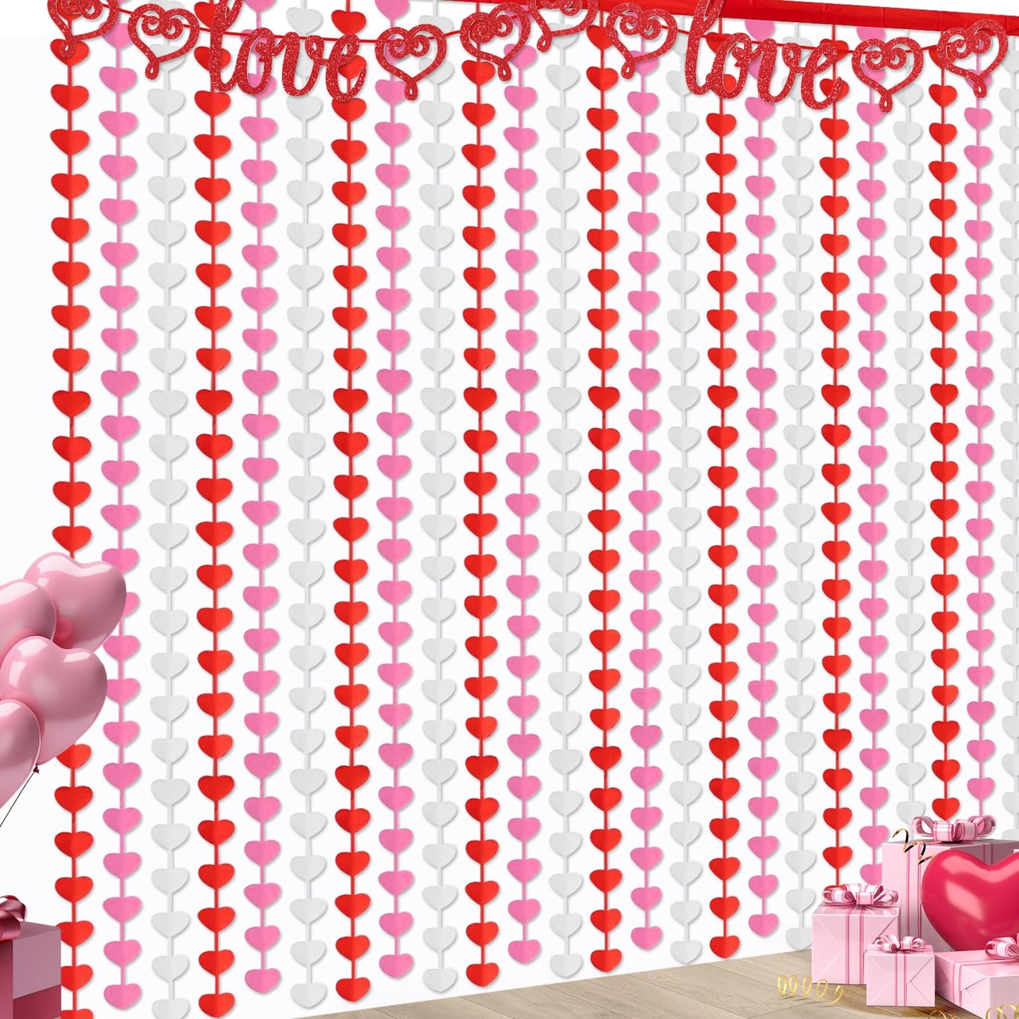 Valentines Decorations Foil Fringe Curtains: 2 Pack 3.3 X 6.6 ft Red Pink White Heart Tinsel Backdrop Photo Booth Prop Streamers