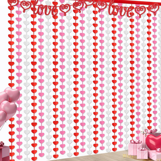 Valentines Decorations Foil Fringe Curtains: 2 Pack 3.3 X 6.6 ft Red Pink White Heart Tinsel Backdrop Photo Booth Prop Streamers