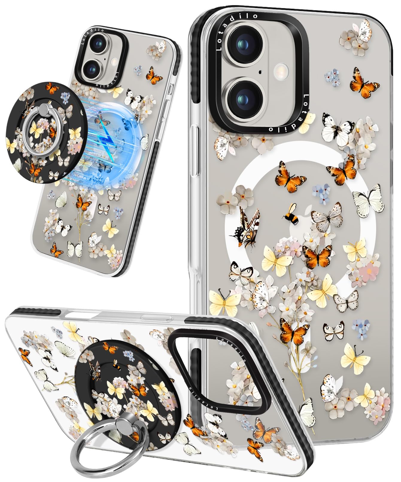 Lotadilo Case for iPhone 17 Case Compatible with Magsafe Ring Holder Stand - for Women Butterfly Flower Design TPU Phone Cover f