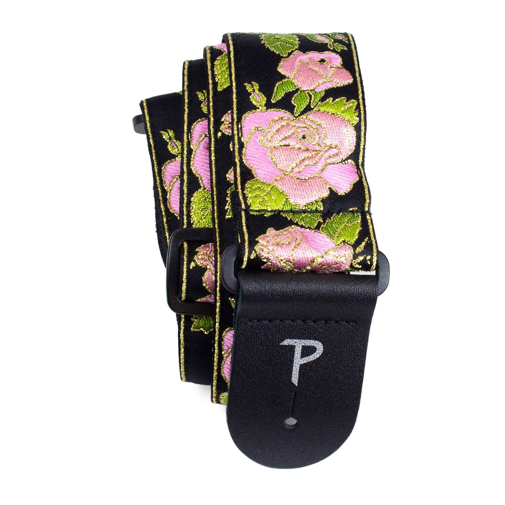 Perris Leathers Ltd. - Guitar Strap - Nylon - Jacquard - Pink Metallic Rose - Black - Adjustable - for Acoustic / Bass / Electri