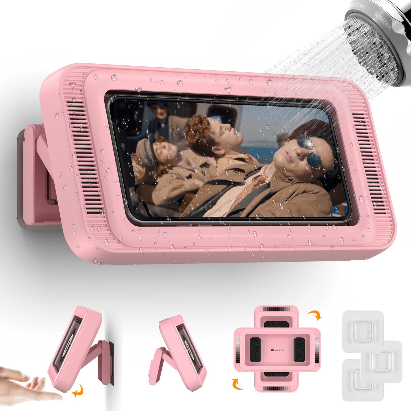 Mistriddle Waterproof Shower Phone Holder with 360 Rotation, Angle Adjustable, Enhanced Sound Quality, Wall Mounted Phone Holder