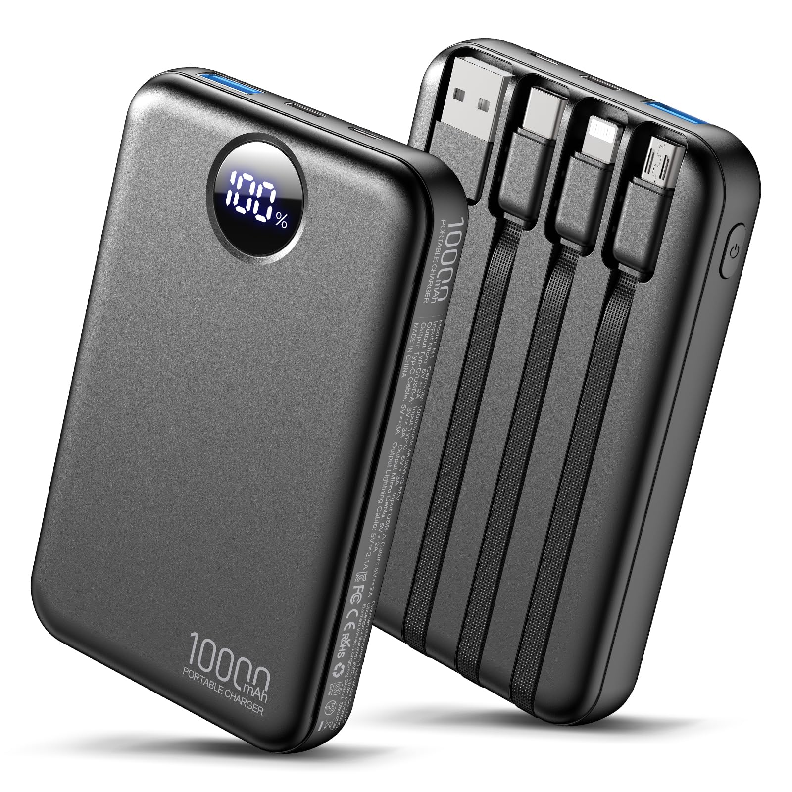 HAIARA Portable Charger 10000mAh Power Bank with 4 Built-in Cables,LED Display Compact and Battery Pack with Multiple USB Ports