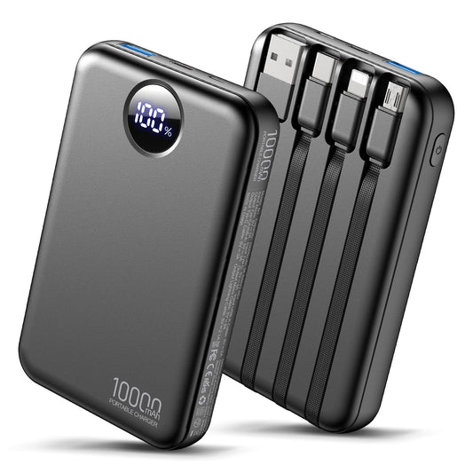 HAIARA Portable Charger 10000mAh Power Bank with 4 Built-in Cables,LED Display Compact and Battery Pack with Multiple USB Ports