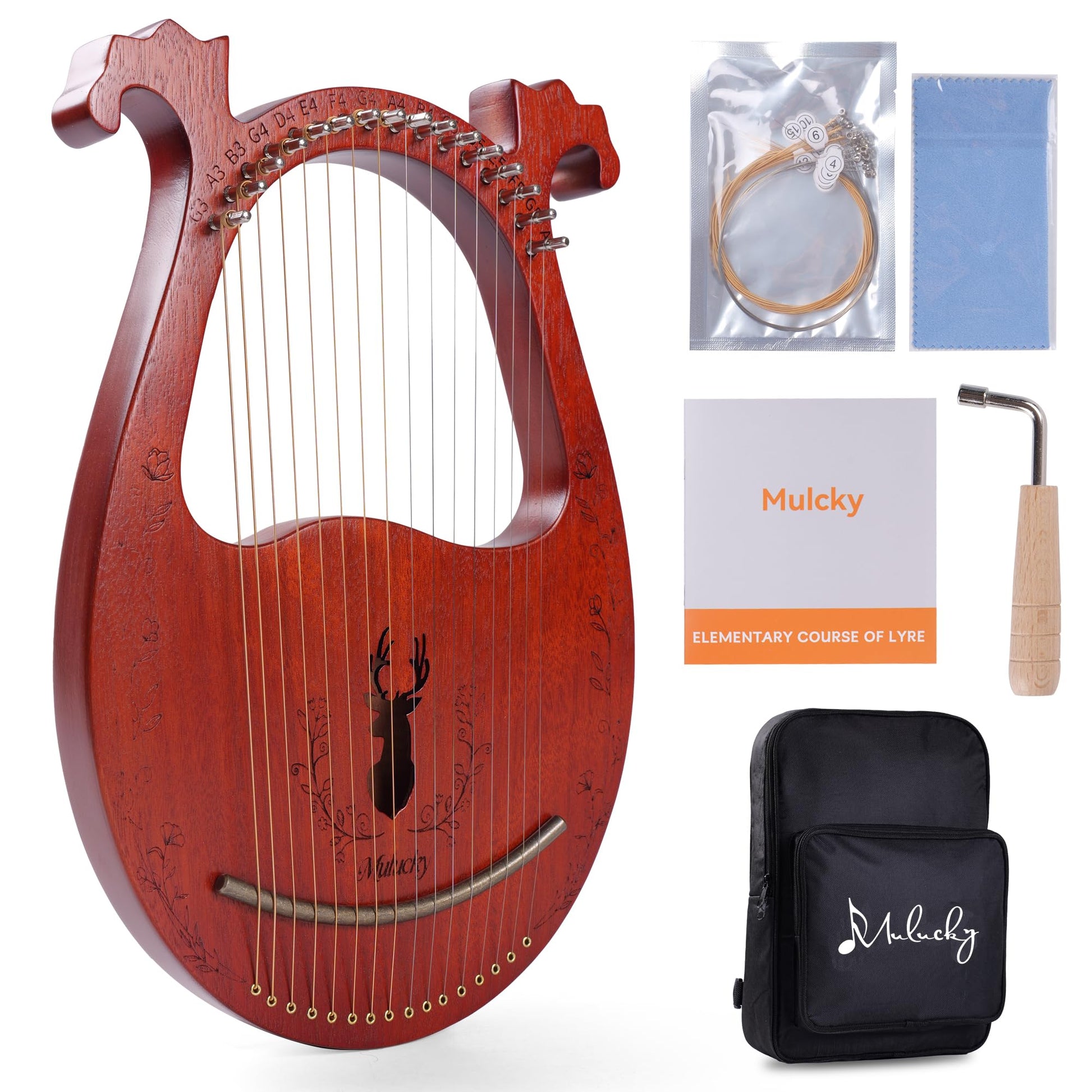 Mulucky Lyre Harp 16 Metal Steel String Bone Saddle Mahogany Lyre Instrument with Tuning Wrench and Black Gig Bag - MLH1602
