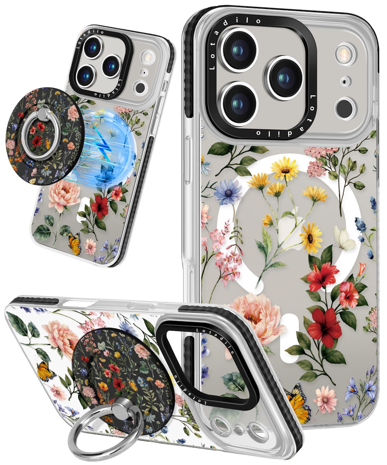 Lotadilo Case for iPhone 17 Pro Case Compatible with Magsafe Ring Holder Stand - for Women Retro Flower Design TPU Phone Cover f