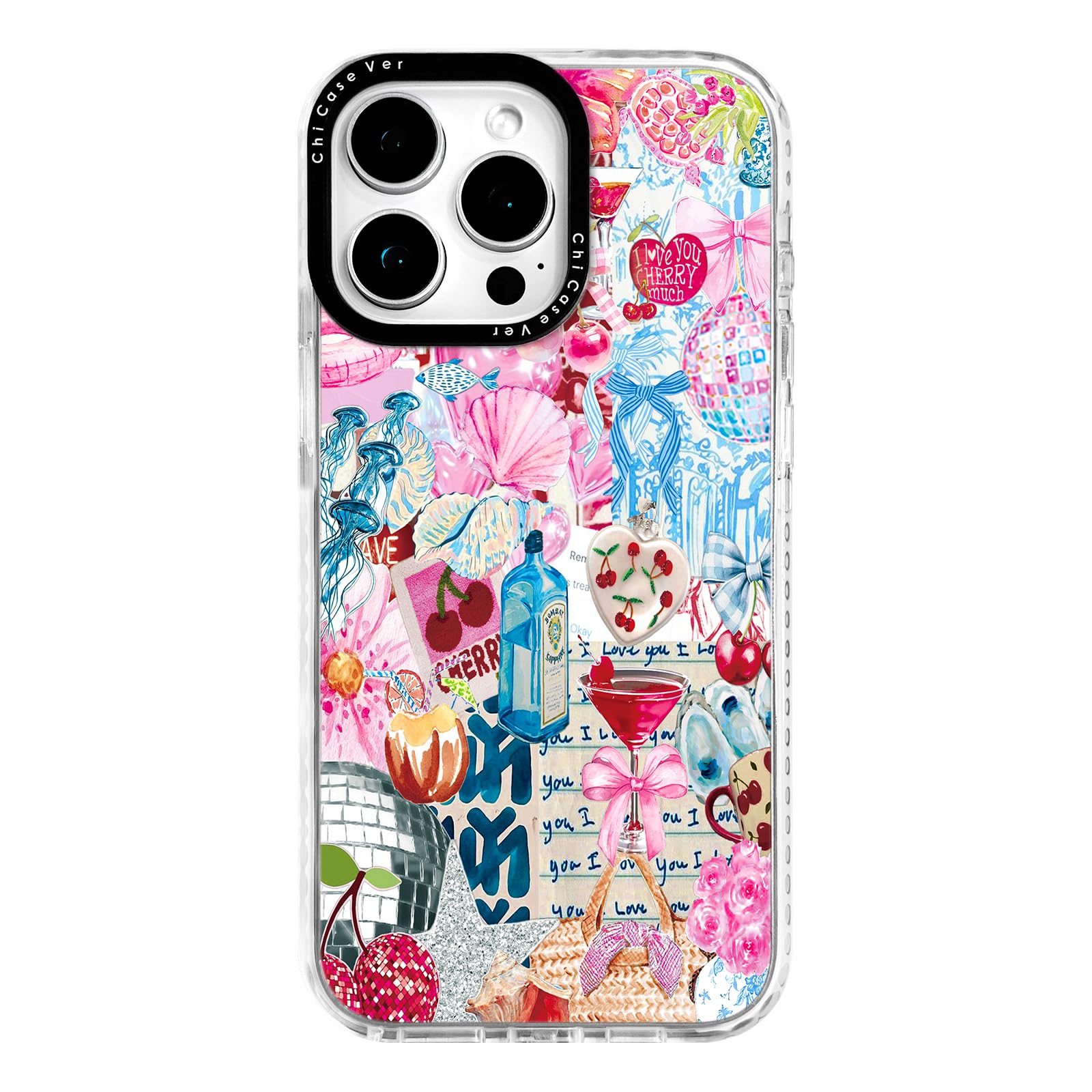 ChiCaseVer for iPhone 13 Pro Case, Cherry Love Collage Pattern with Romantic Notes & Seashells, Festive Soft Slim TPU Protective