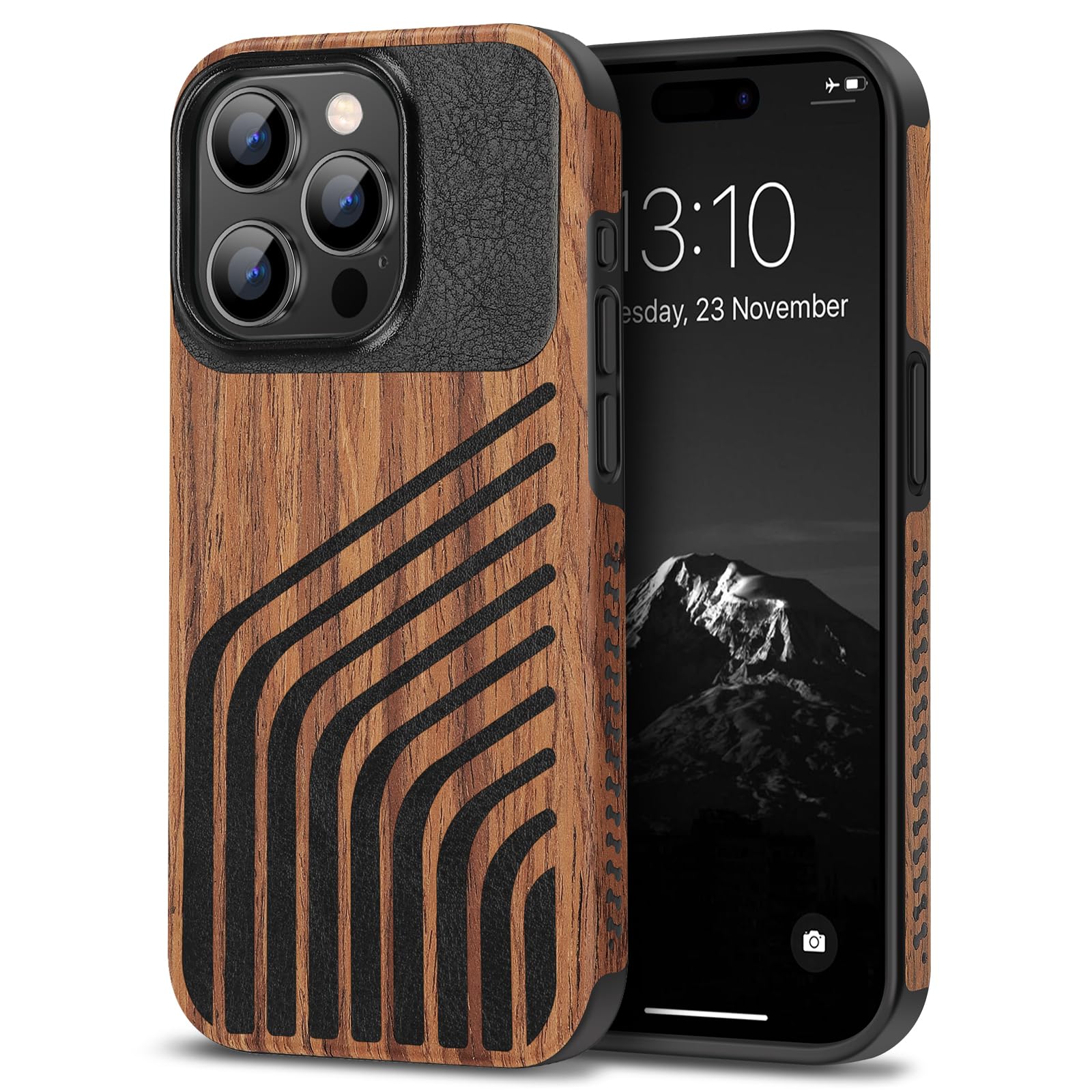 TENDLIN Compatible with iPhone 15 Pro Max Case Wood Grain with Carbon Fiber Texture Design Leather Hybrid Slim Case (Hairline)