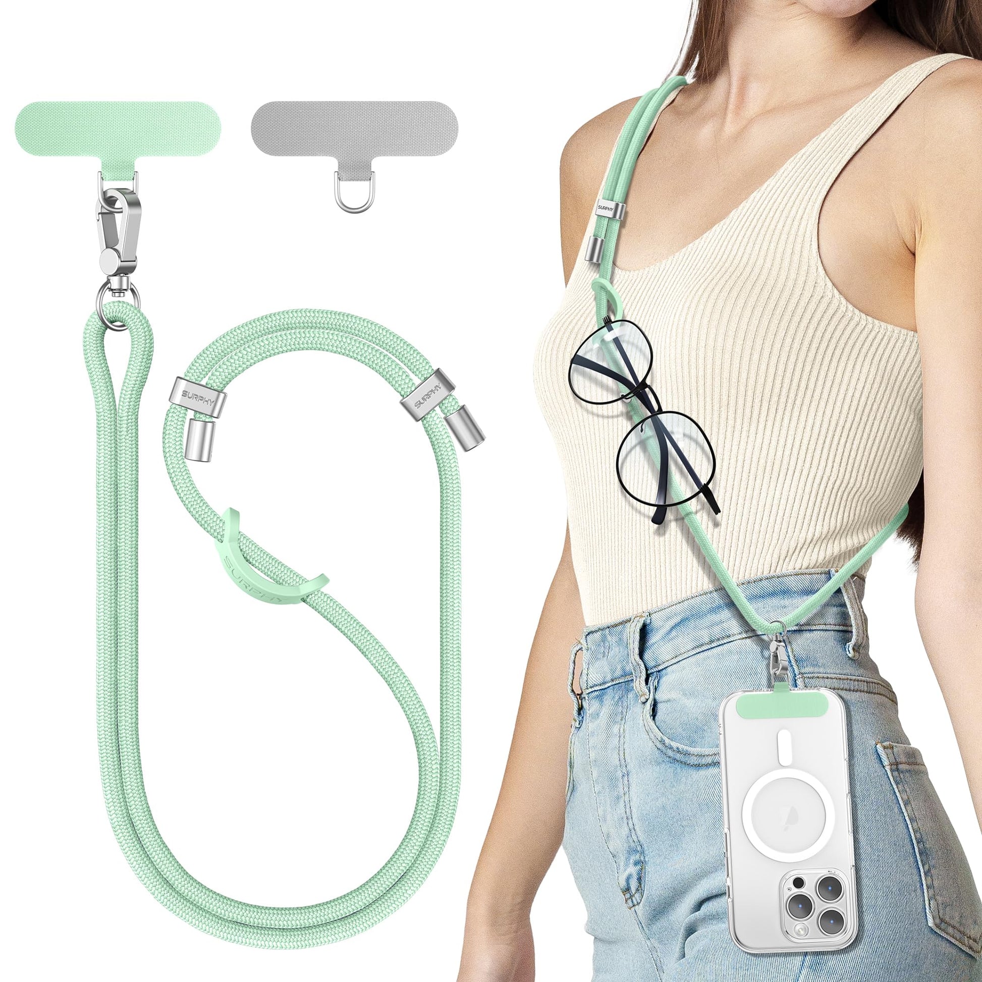 SURPHY Phone Lanyard, Adjustable Phone Strap Crossbody with 2 Pack Phone Tether Tab, Premium Metal Buckles, Skin-Friendly, Unive