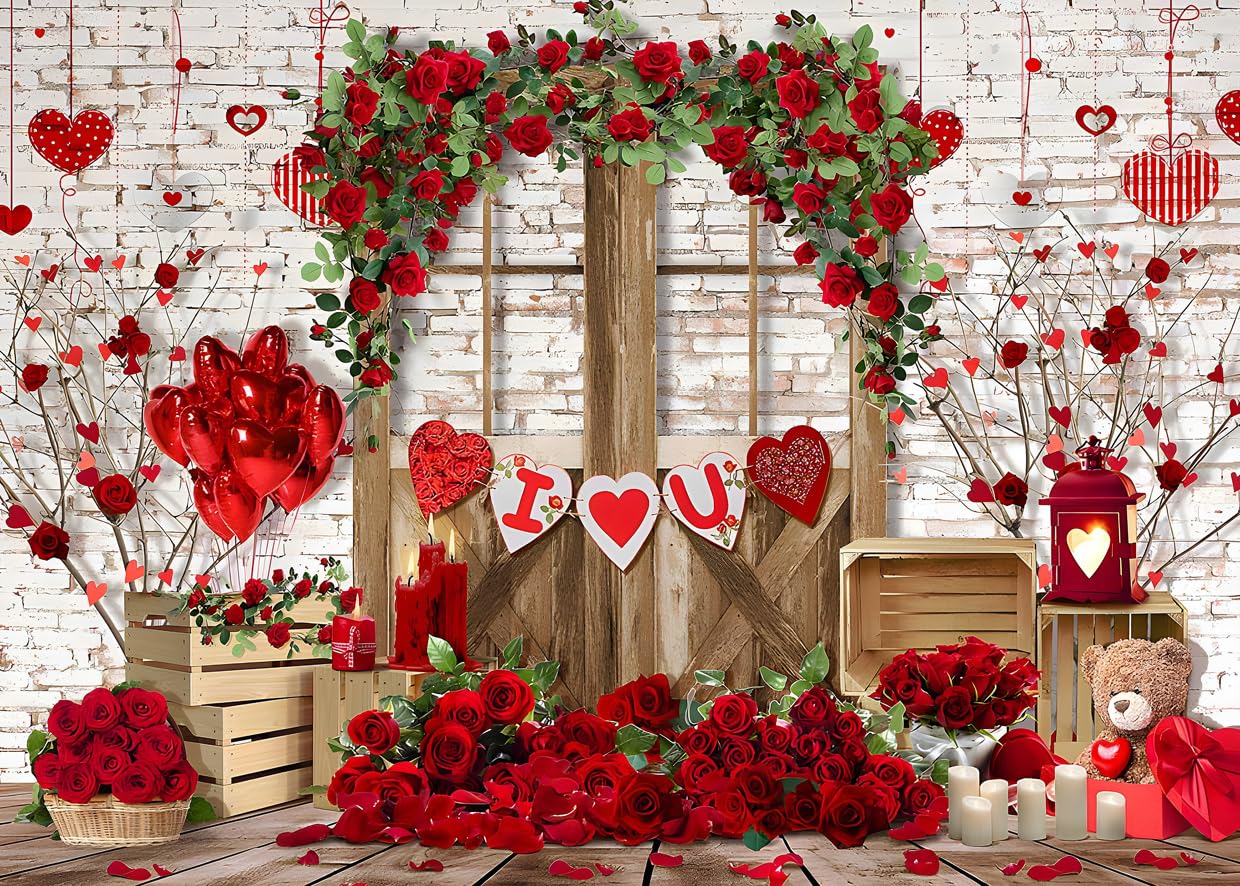Alltten 7x5ft Valentines Day Photo Backdrop Wedding Bridal Shower Decoration Backdrop Brick Wall Red Rose Love Heart Background