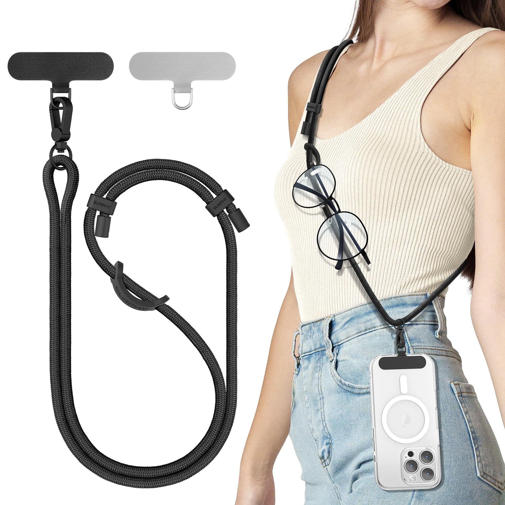 SURPHY Phone Lanyard, Adjustable Phone Strap Crossbody with 2 Pack Cell Phone Tether Tab, Premium Metal Buckles, Skin-Friendly,