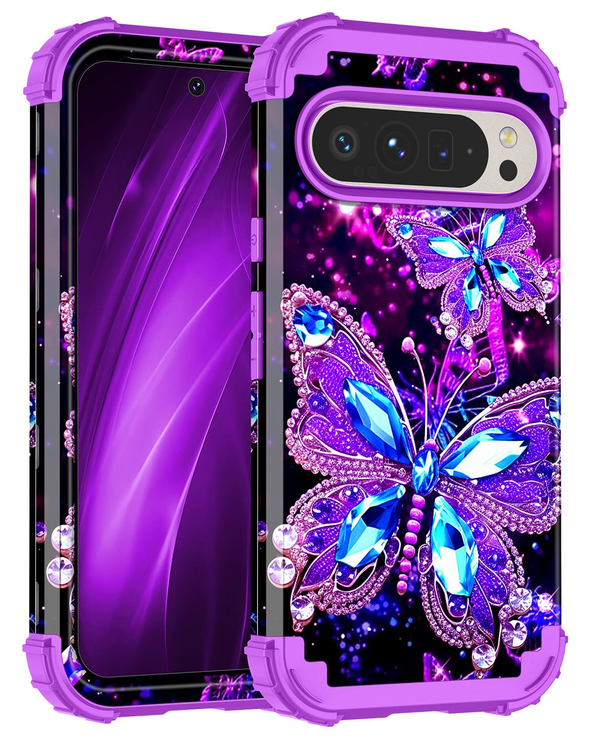 Miqala for Google Pixel 9 Case/Pixel 9 Pro Case,Glow in The Dark Three Layer Heavy Duty Shockproof Full Body Protection Hard Pla