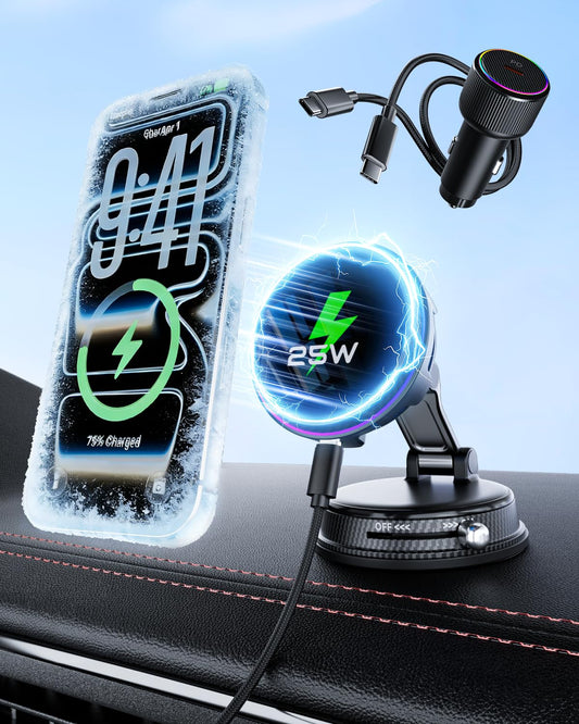 CloudValley Qi2.2 25W Wireless Car Charger Mount with RGB Light, Magnetic Car Phone Holder with Cooling Fan & 45W Adapter, 360 R
