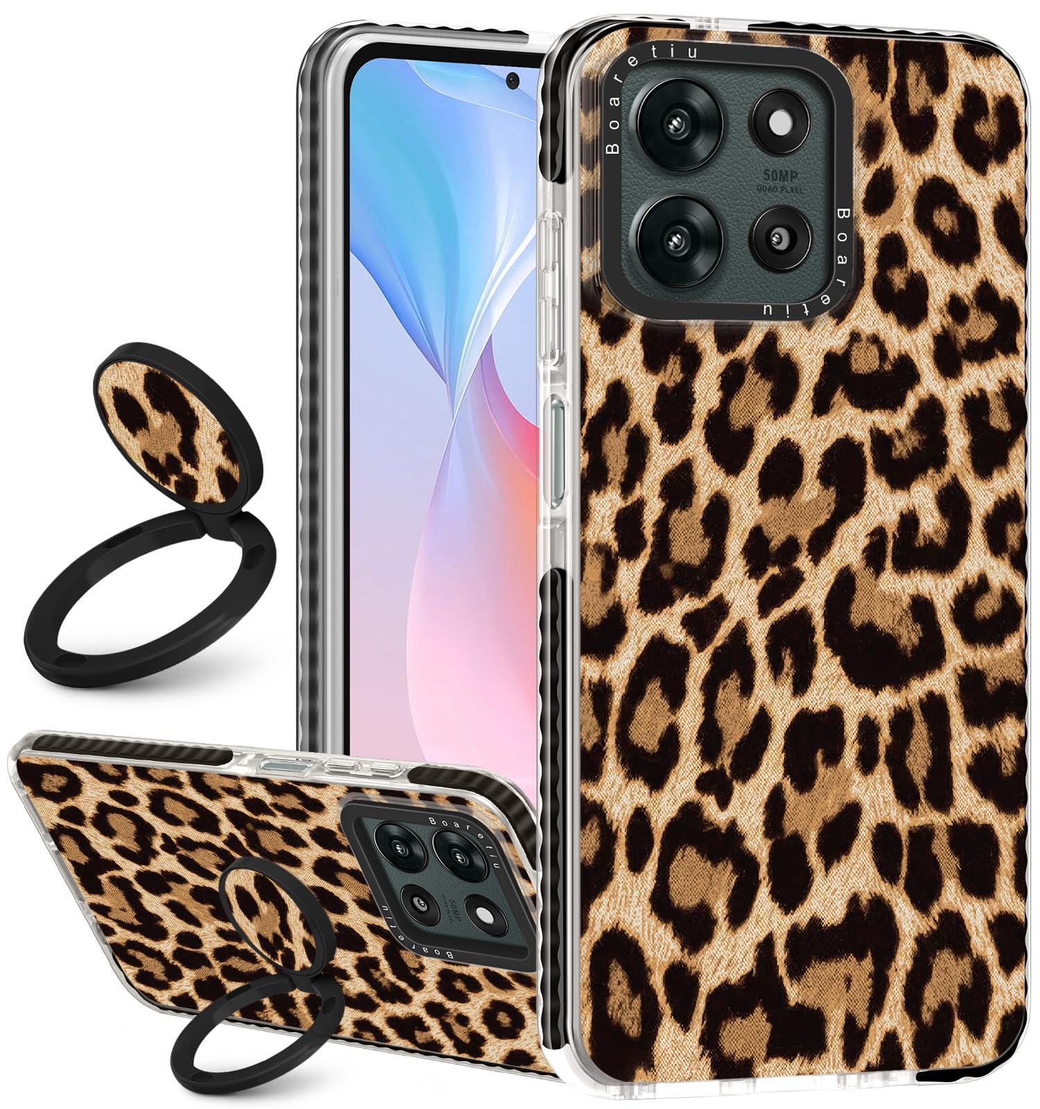 Boaretiu for Motorola Moto G 2025 Case - with Stand Cute Kawaii Fashion 360 Rotate Ring Holder Kickstand Leopard for Women Girls