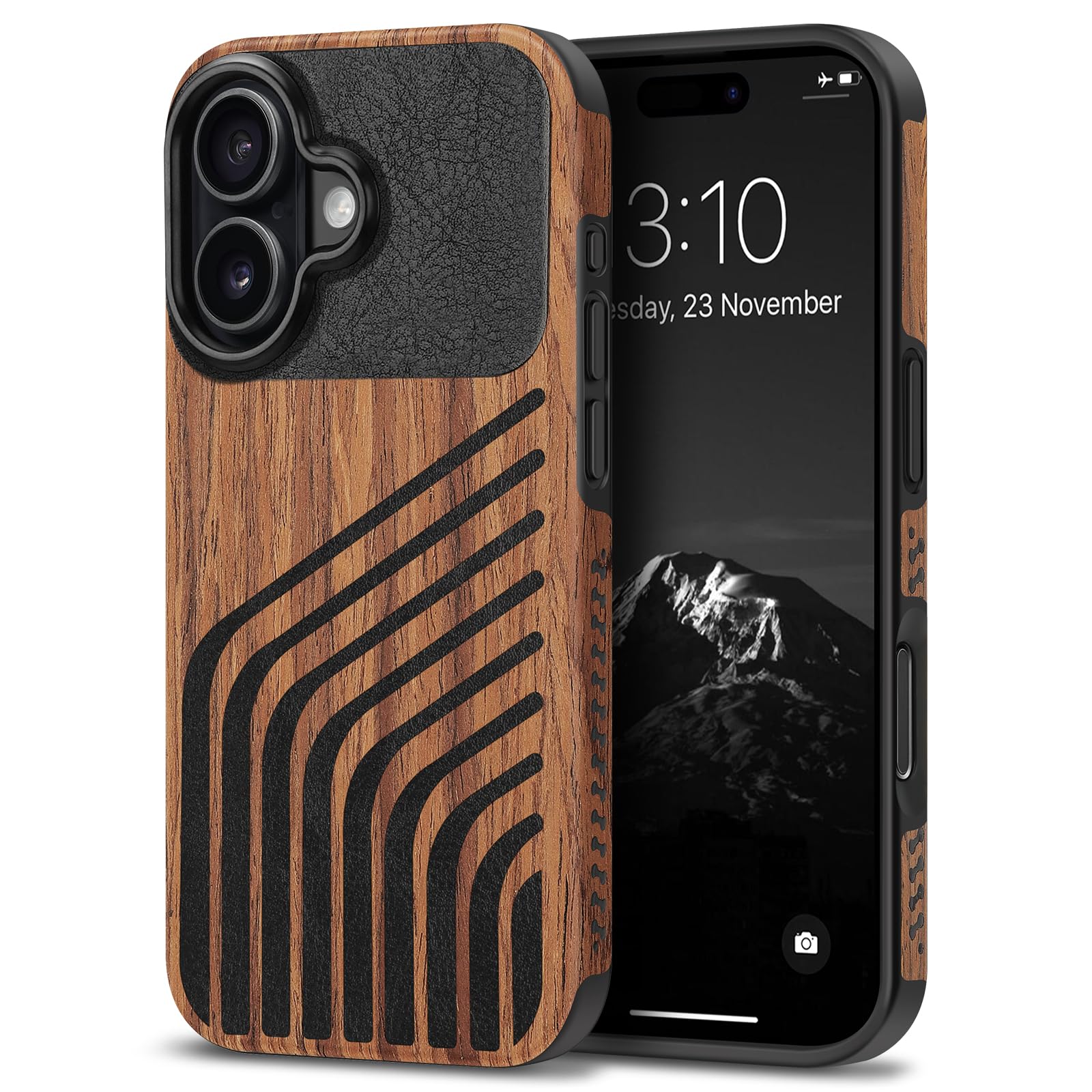 TENDLIN Compatible with iPhone 17 Case Wood Grain with Carbon Fiber Texture Design Leather Hybrid Slim Case (Hairline)