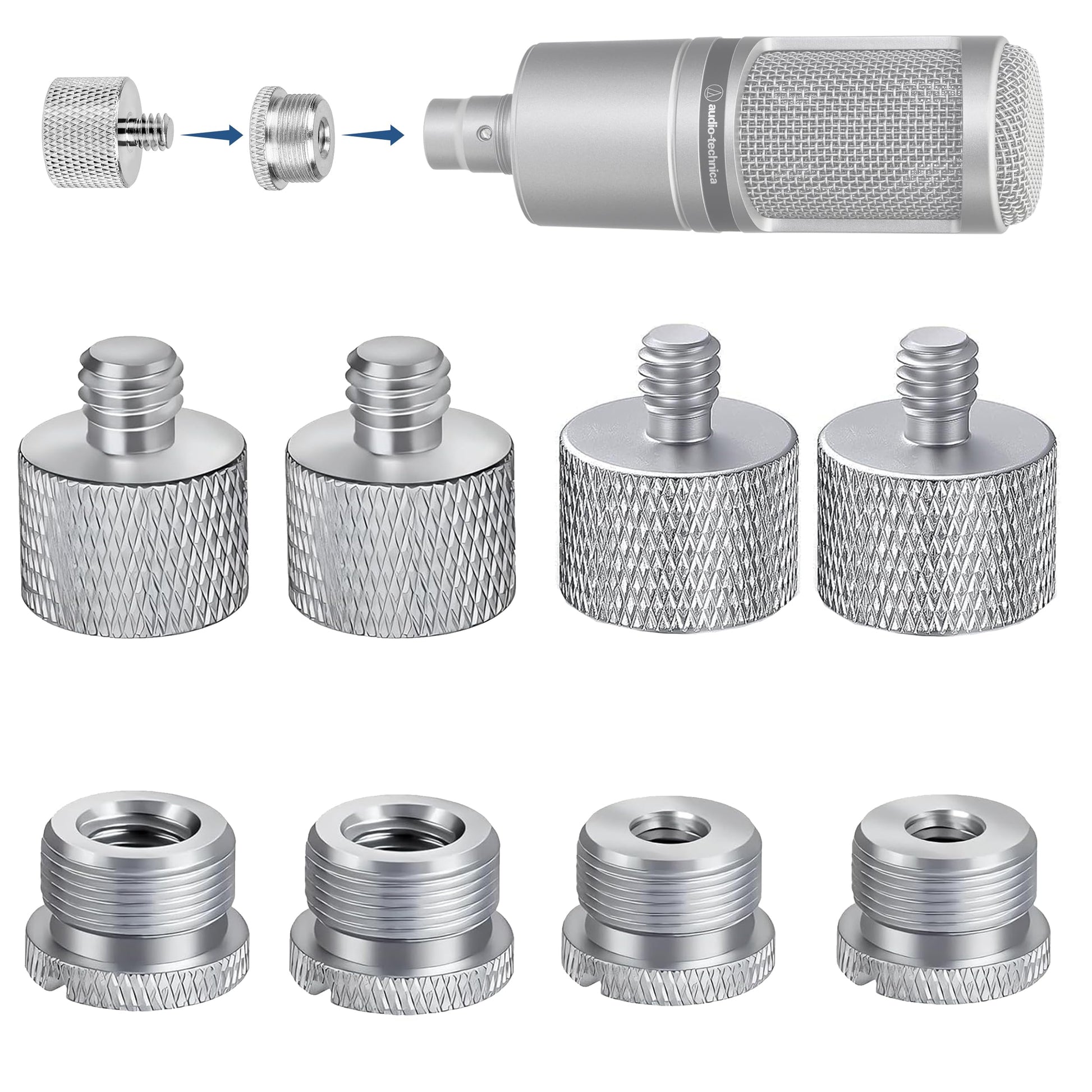 IXTECH Mic Stand Adapter Set 8 pc - Metal Tripod Adapters Female-Male 5/8-3/8, 3/8-5/8, 5/8-1/4, 1/4-5/8 ADP02 Silver