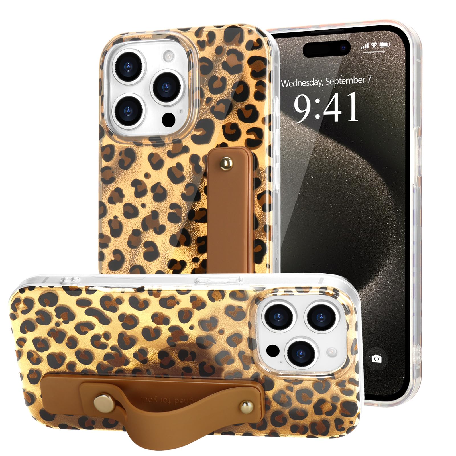 LAPOPNUT for iPhone 15 Pro Case with Wrist Strap, Cheetah Leopard Tortoise Shell Print Shockproof Soft TPU Protective Cover for