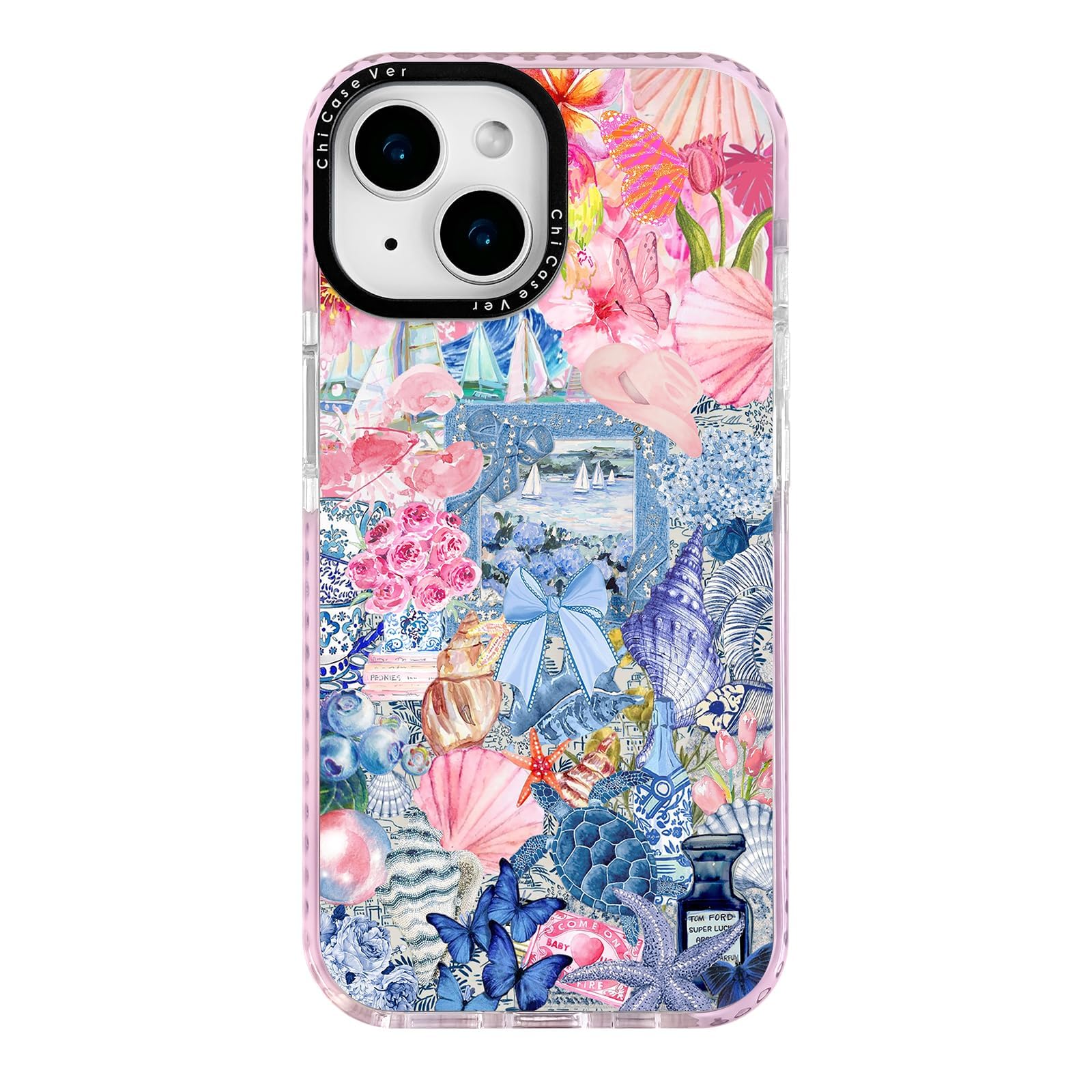 ChiCaseVer for iPhone 15 Plus Case,Vintage Coastal Collage with Floral,Turtle,Shells&Sailboats Pattern,Military-Grade Drop Prote