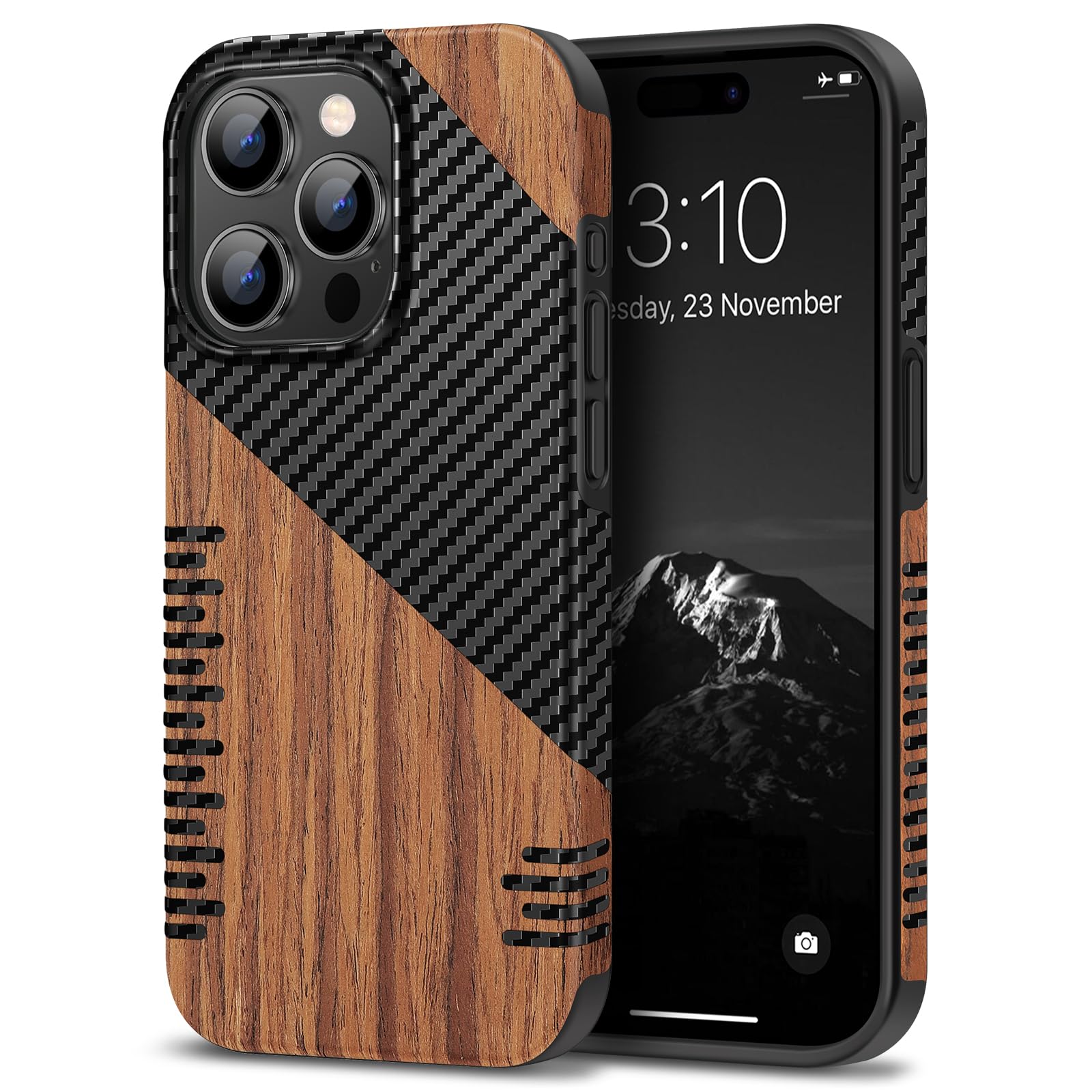 TENDLIN Compatible with iPhone 15 Pro Case Wood Grain with Carbon Fiber Texture Design Leather Hybrid Slim Case (Twill)